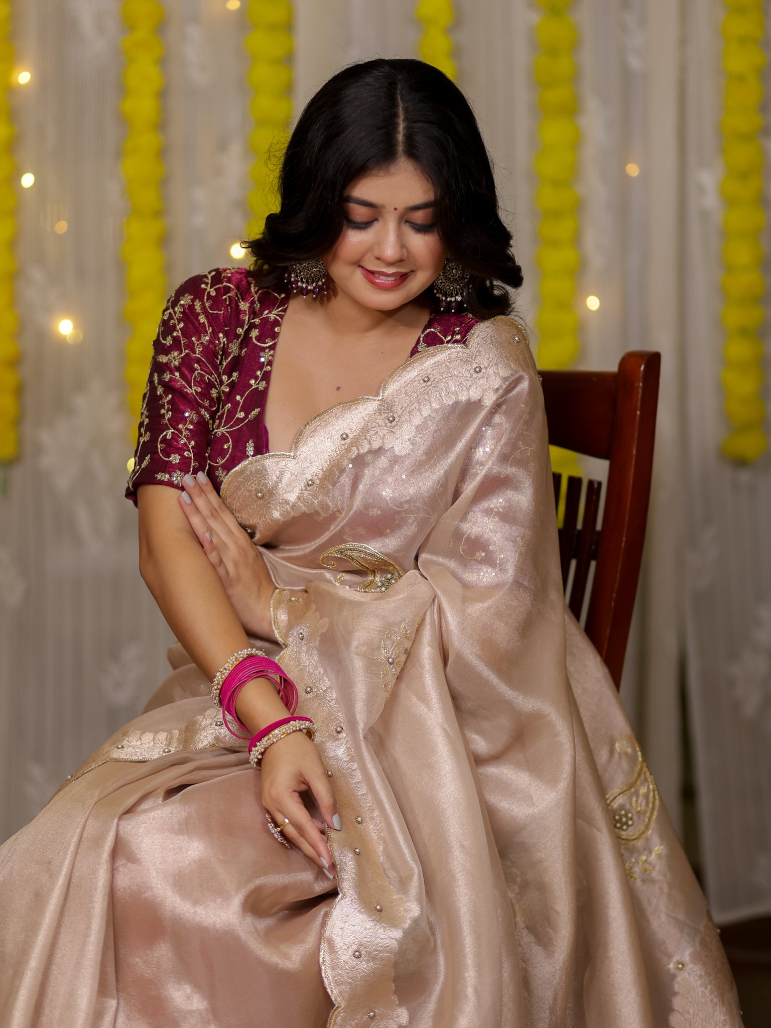 Banarasi Tissue Saree With Scallop Border - Beige