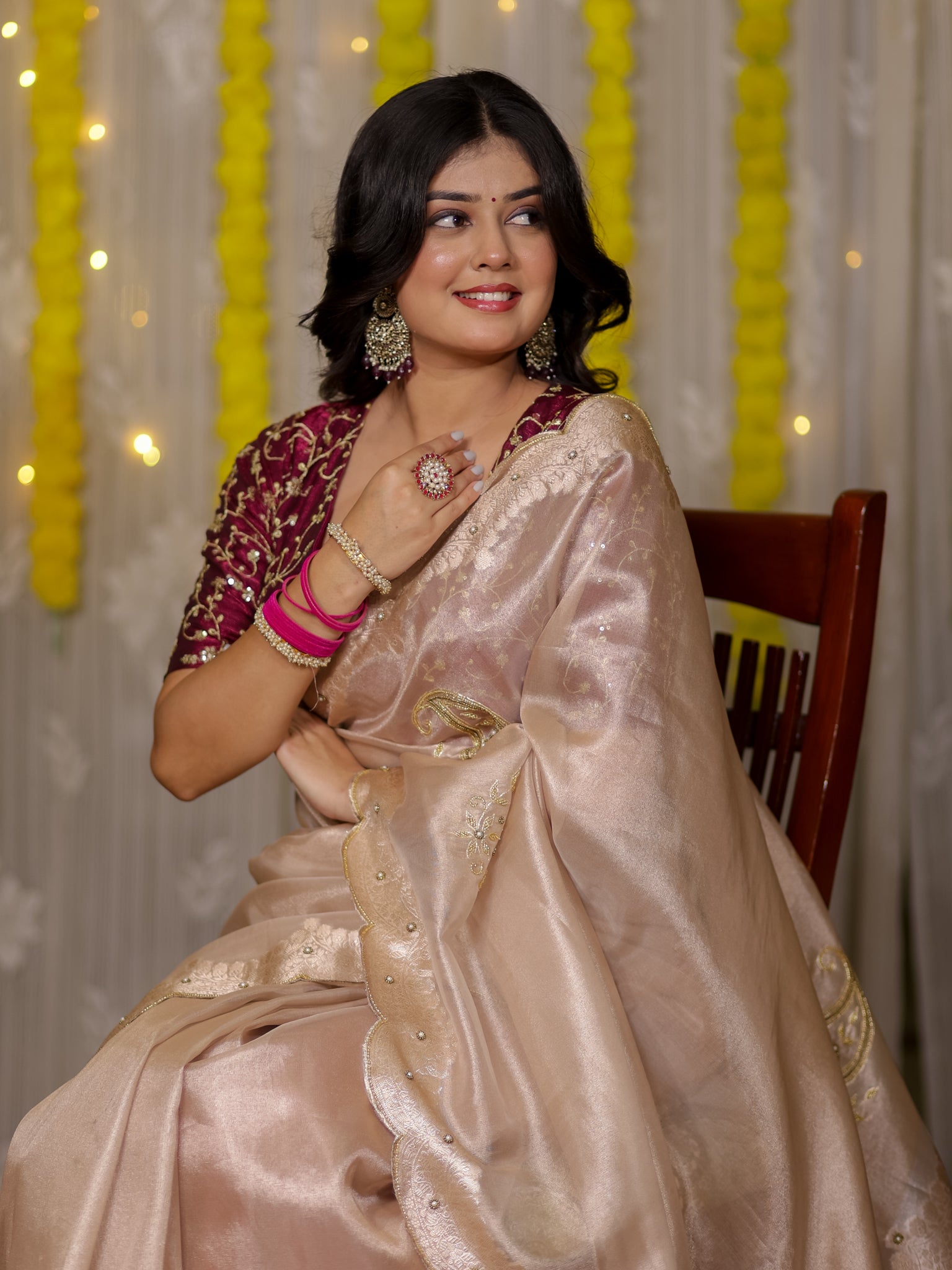 Banarasi Tissue Saree With Scallop Border - Beige