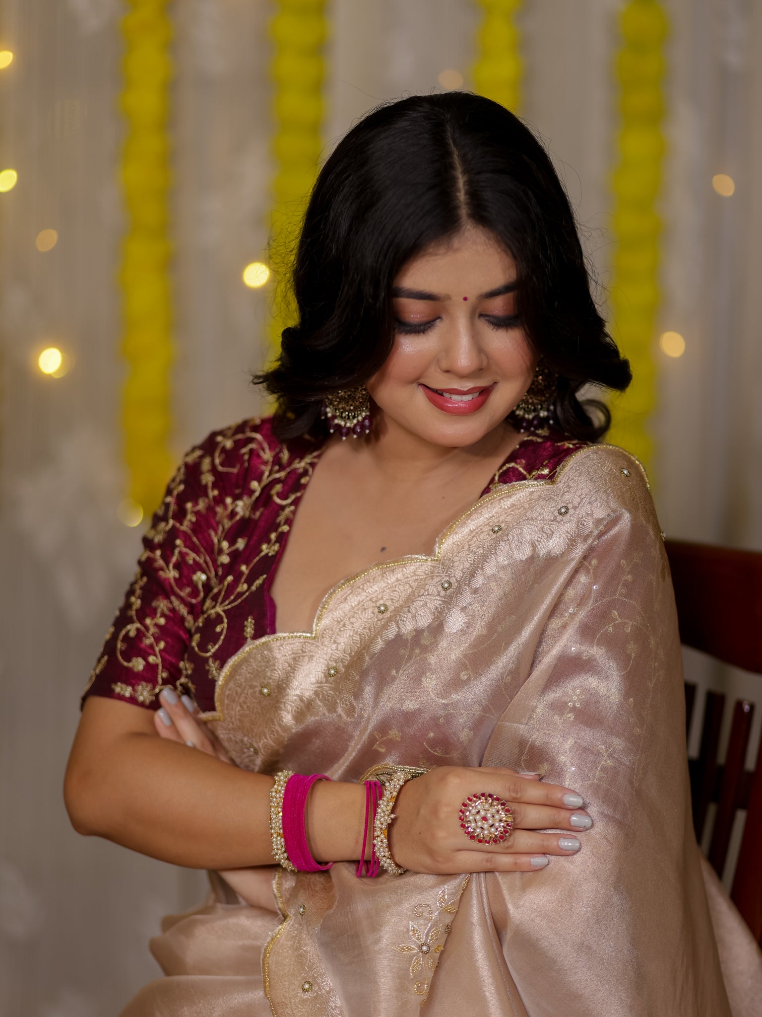 Banarasi Tissue Saree With Scallop Border - Beige