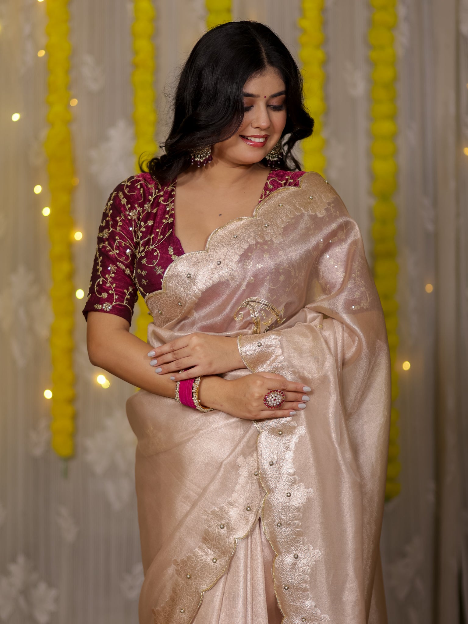 Banarasi Tissue Saree With Scallop Border - Beige