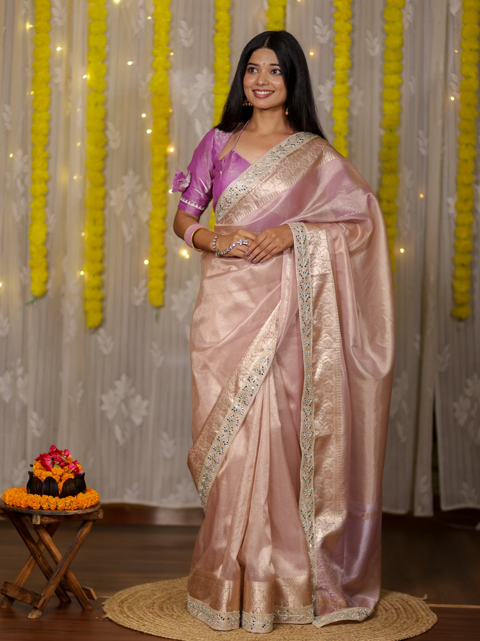 Banarasi Tissue Saree With Lace Border - Lavender