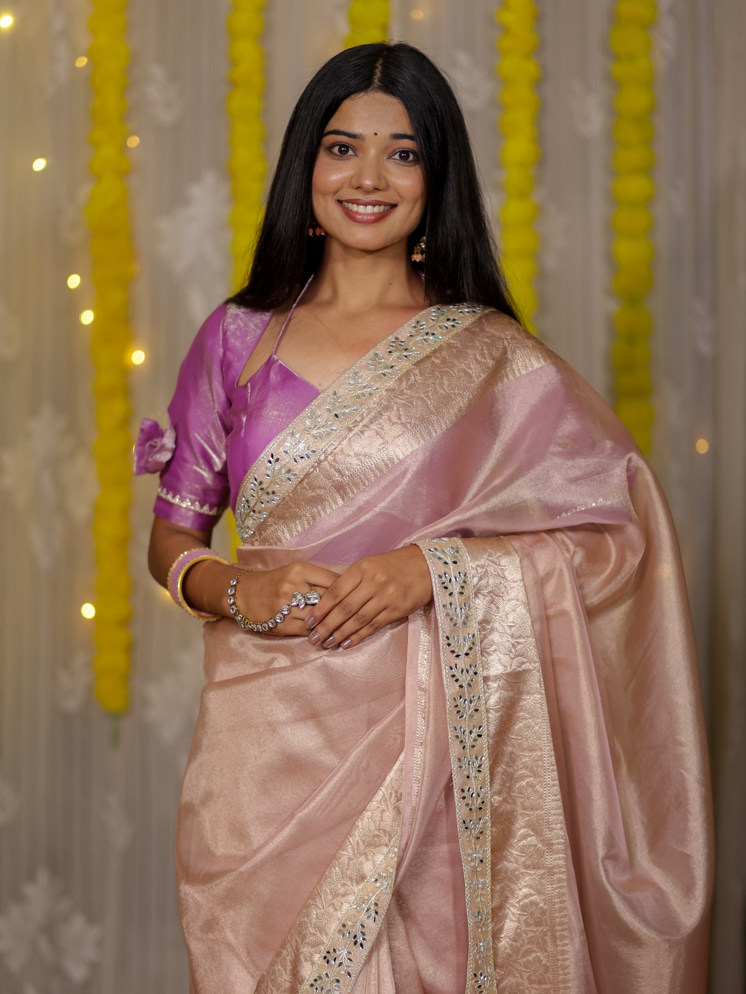 Banarasi Tissue Saree With Lace Border - Lavender