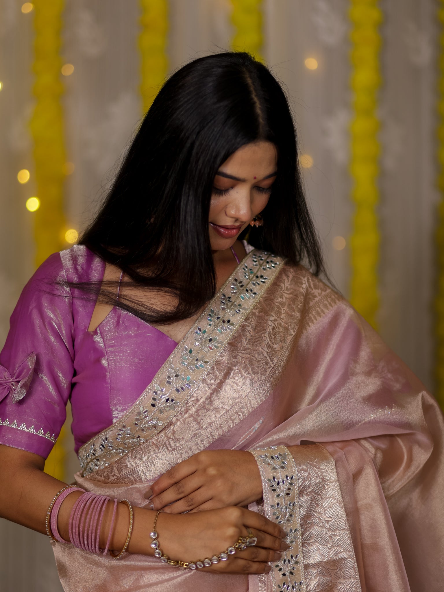 Banarasi Tissue Saree With Lace Border - Lavender