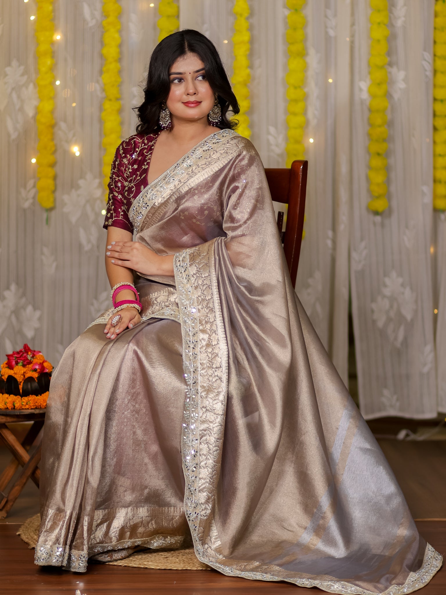 Banarasi Tissue Saree With Lace Border - Grey