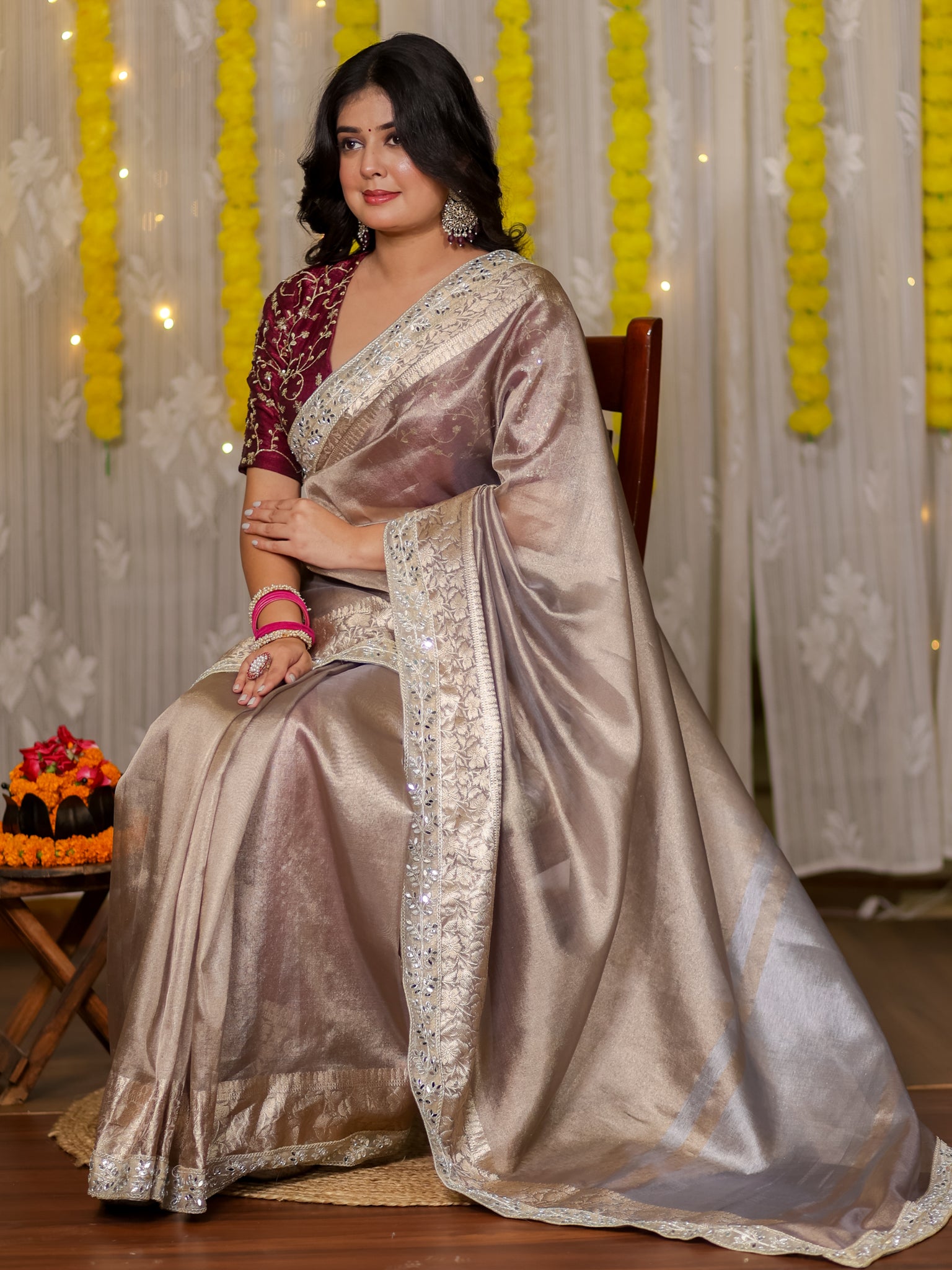 Banarasi Tissue Saree With Lace Border - Grey