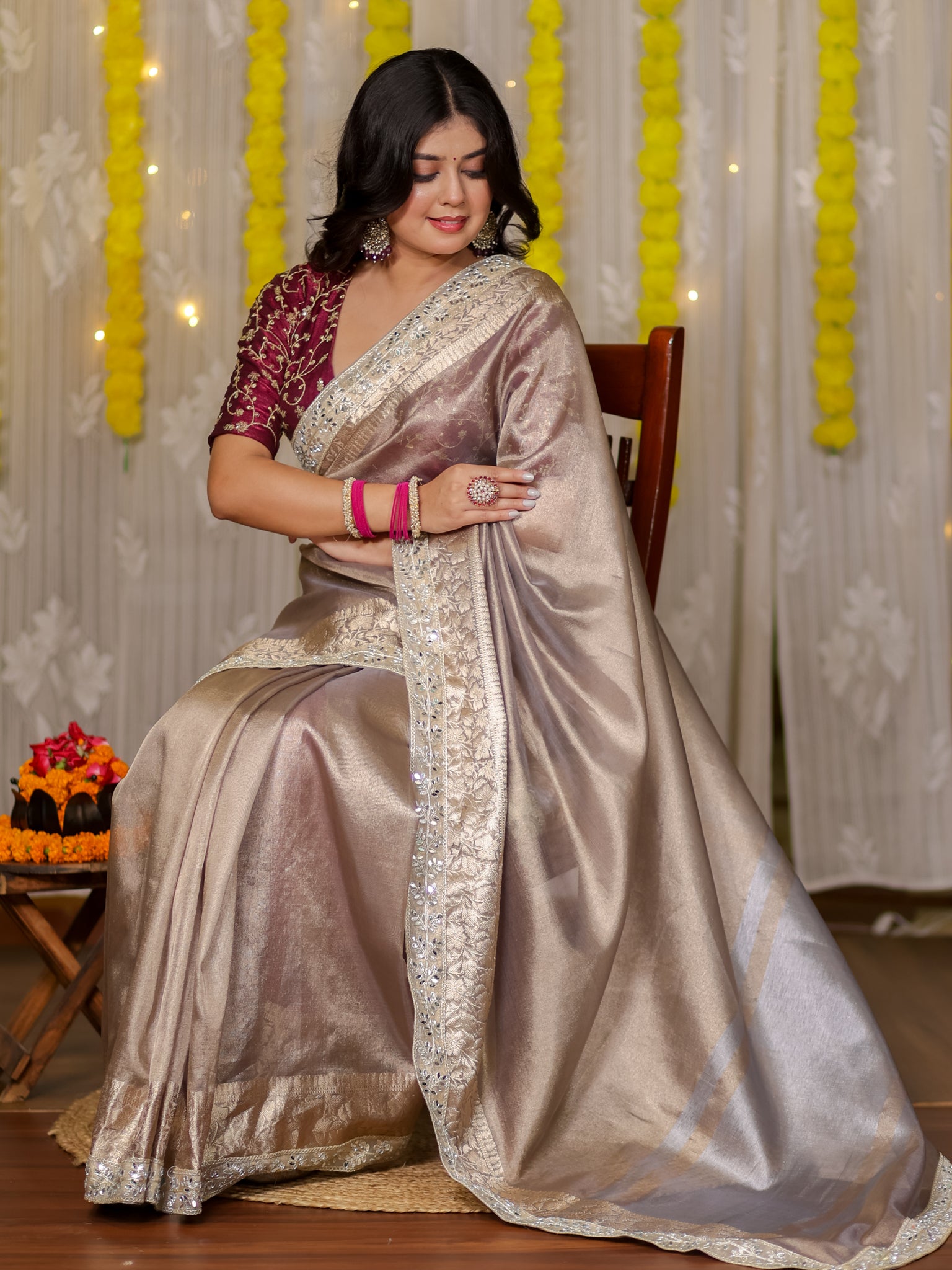Banarasi Tissue Saree With Lace Border - Grey