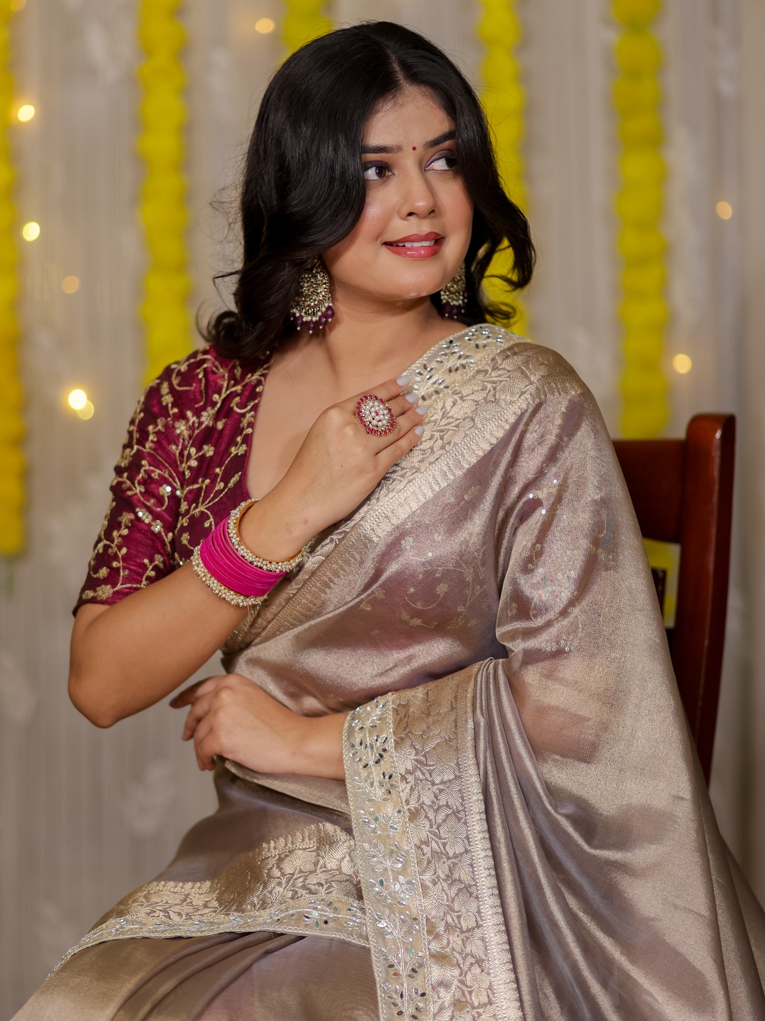 Banarasi Tissue Saree With Lace Border - Grey