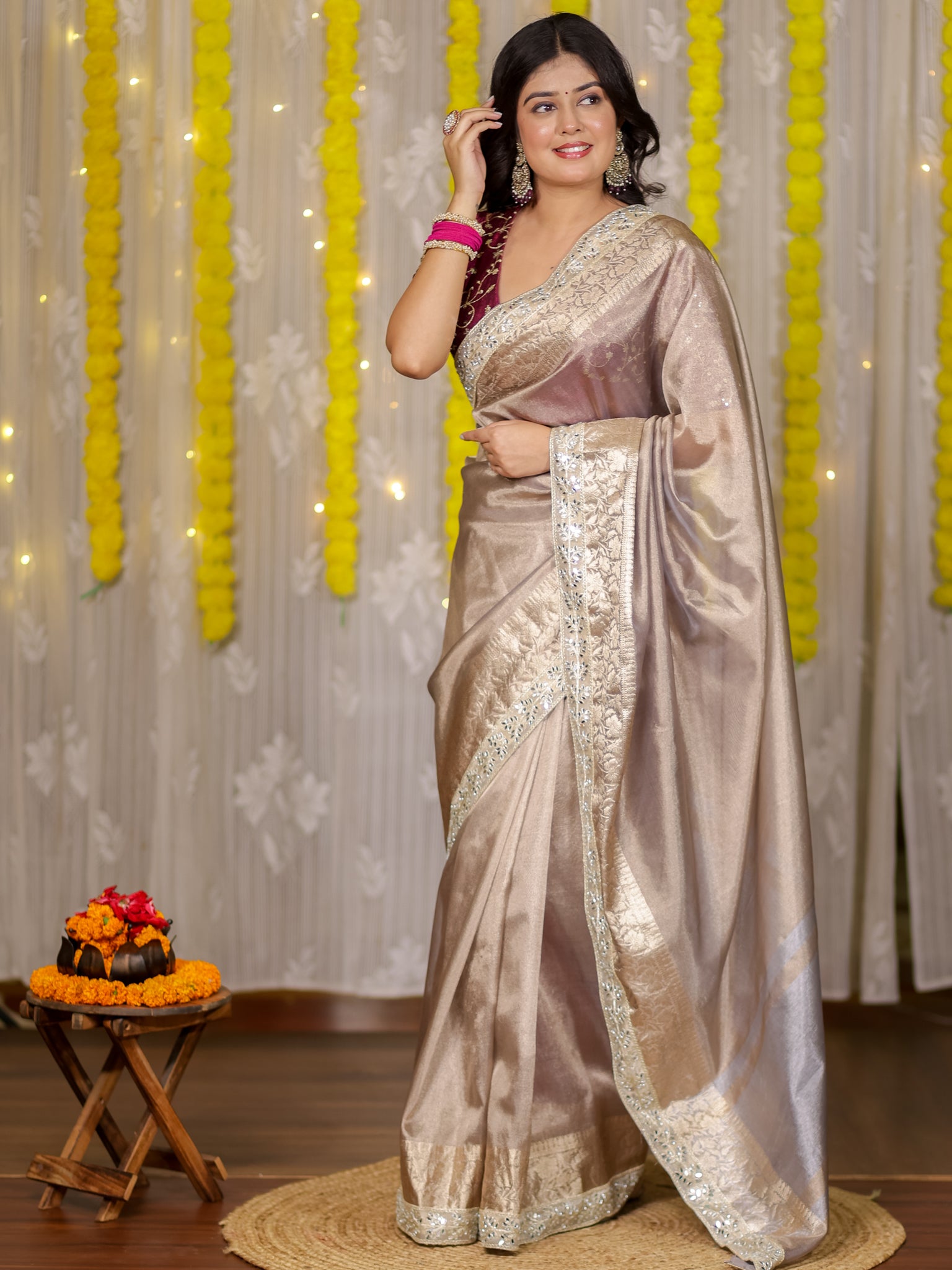 Banarasi Tissue Saree With Lace Border - Grey