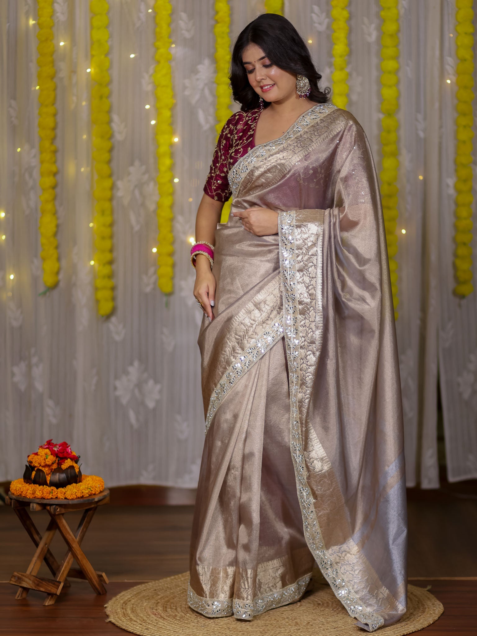 Banarasi Tissue Saree With Lace Border - Grey