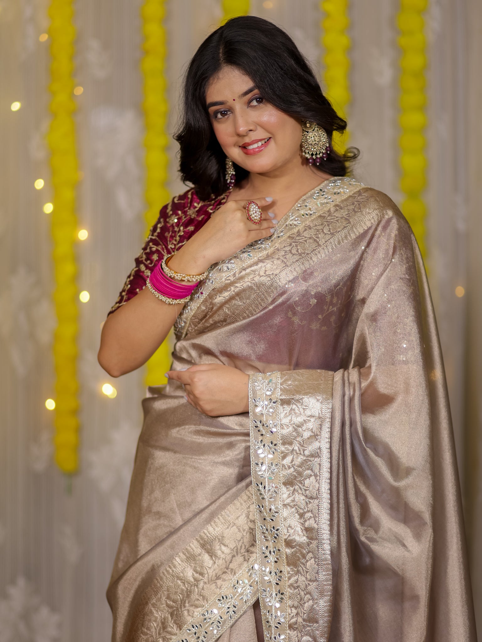 Banarasi Tissue Saree With Lace Border - Grey