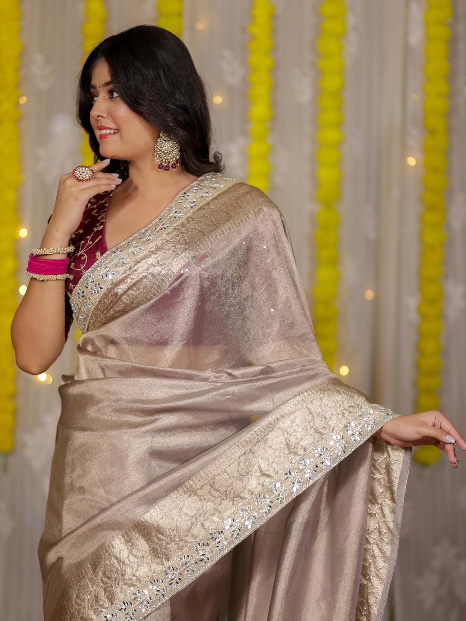 Banarasi Tissue Saree With Lace Border - Grey