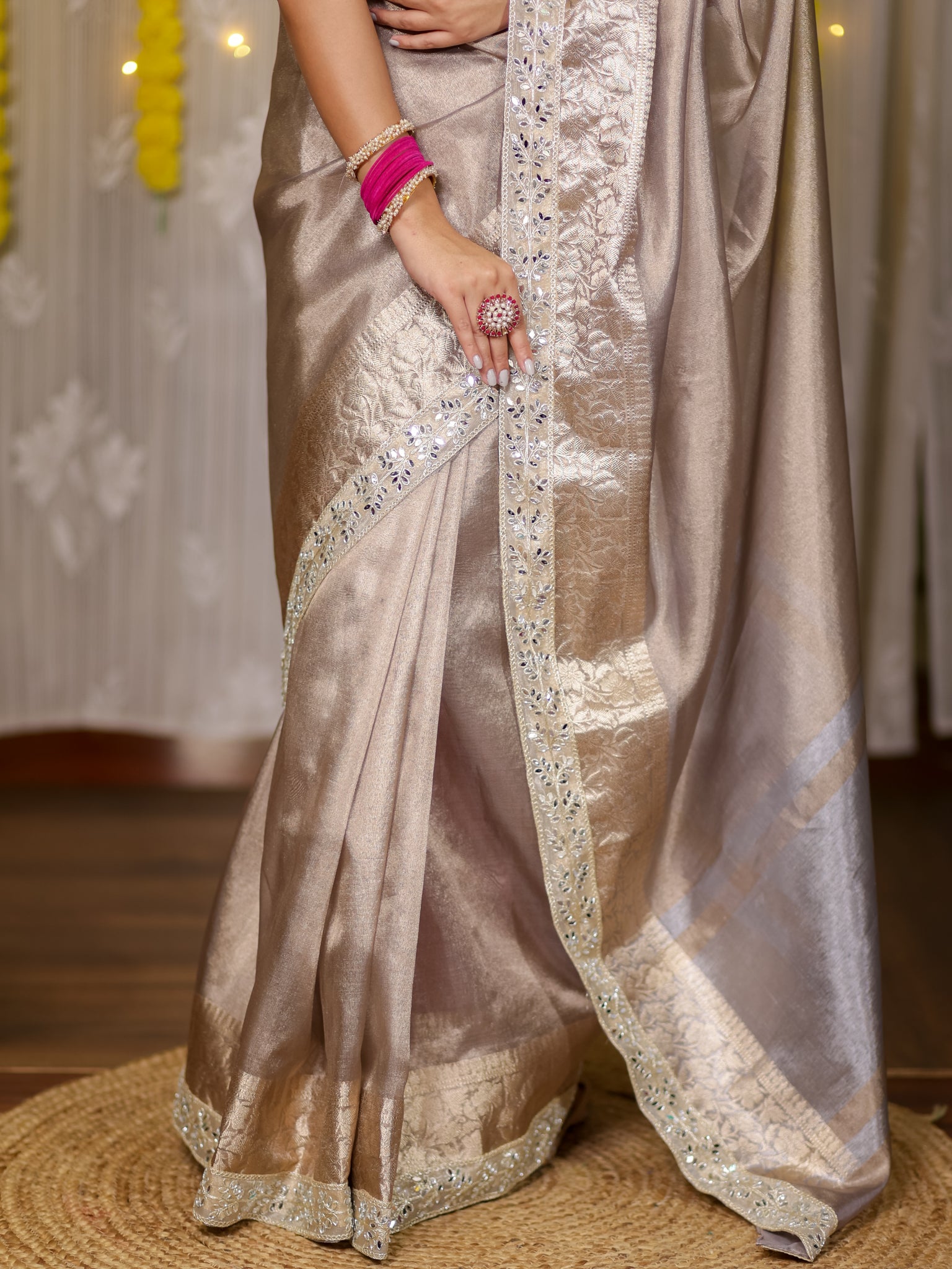 Banarasi Tissue Saree With Lace Border - Grey
