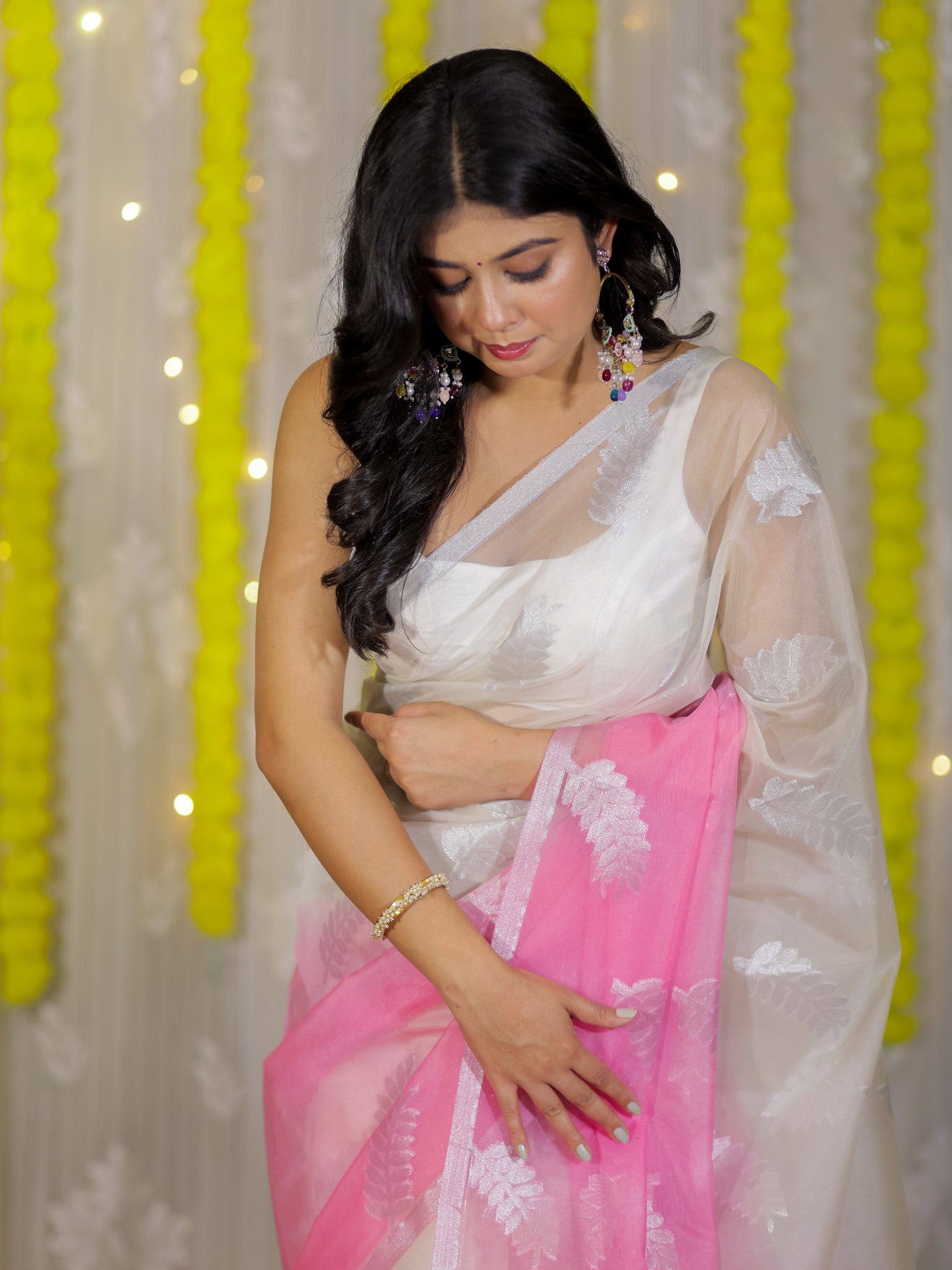Banarasi Organza Dual Shade Saree With Zari Border- Pink & White