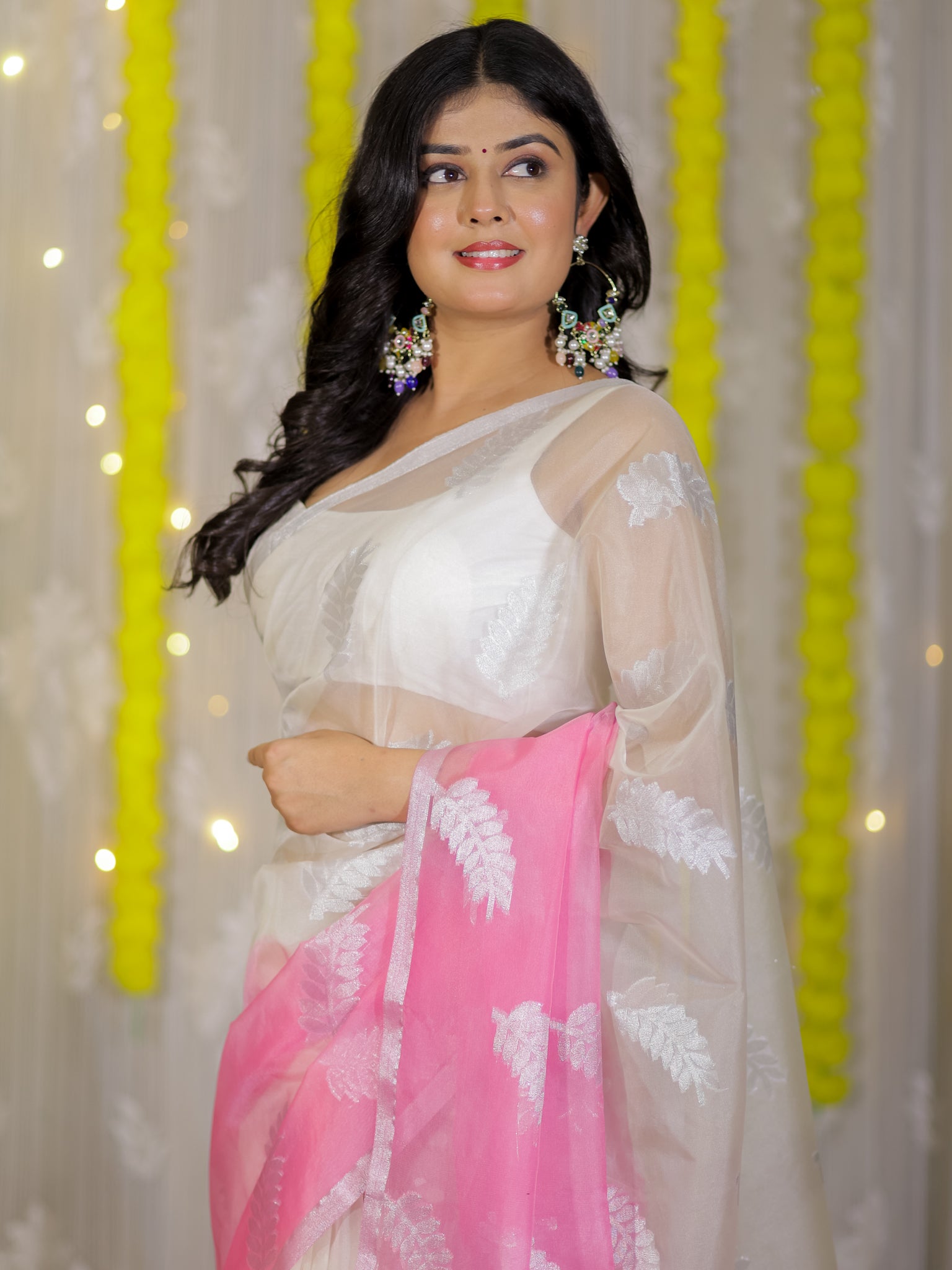 Banarasi Organza Dual Shade Saree With Zari Border- Pink & White