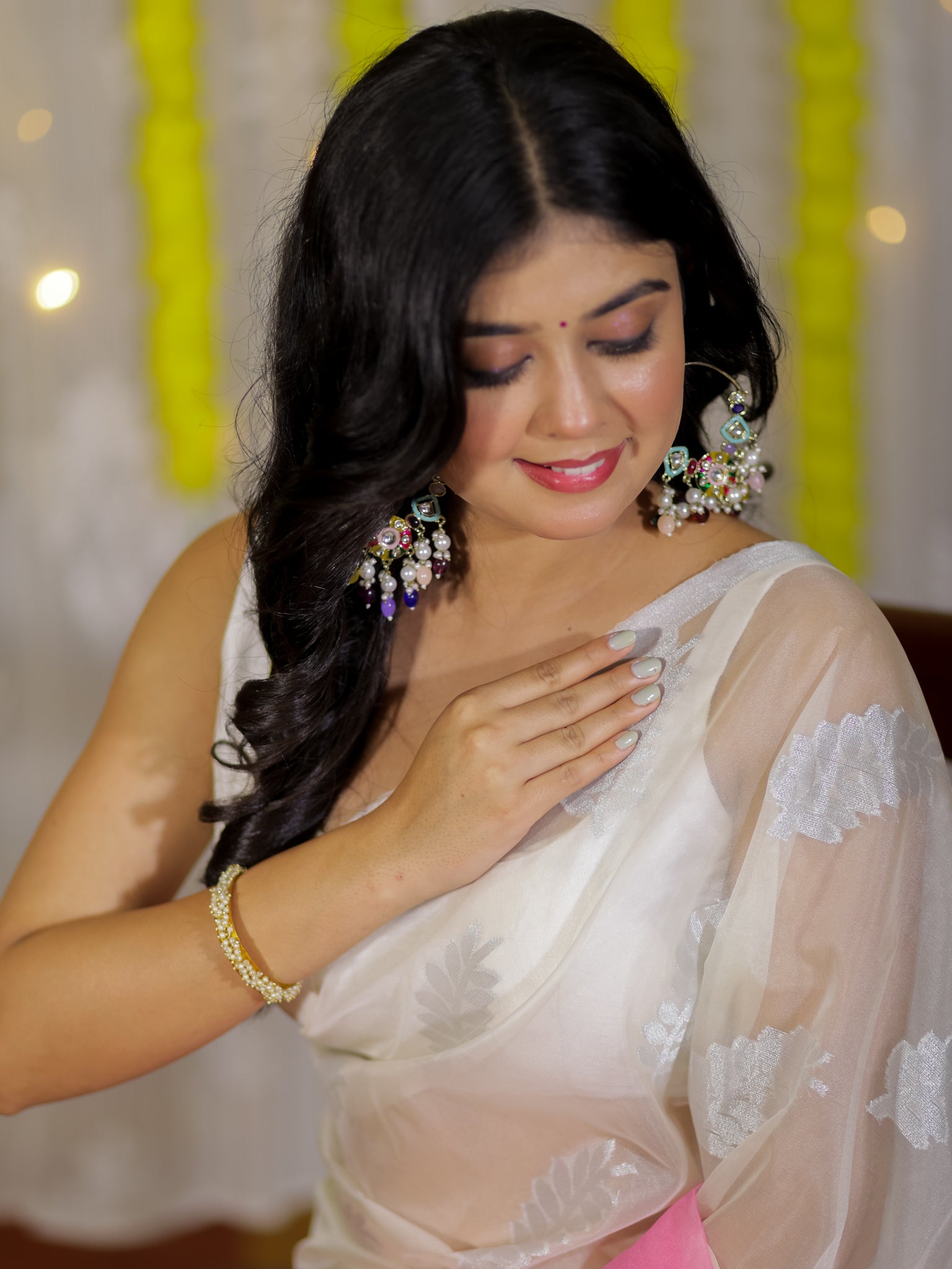 Banarasi Organza Dual Shade Saree With Zari Border- Pink & White