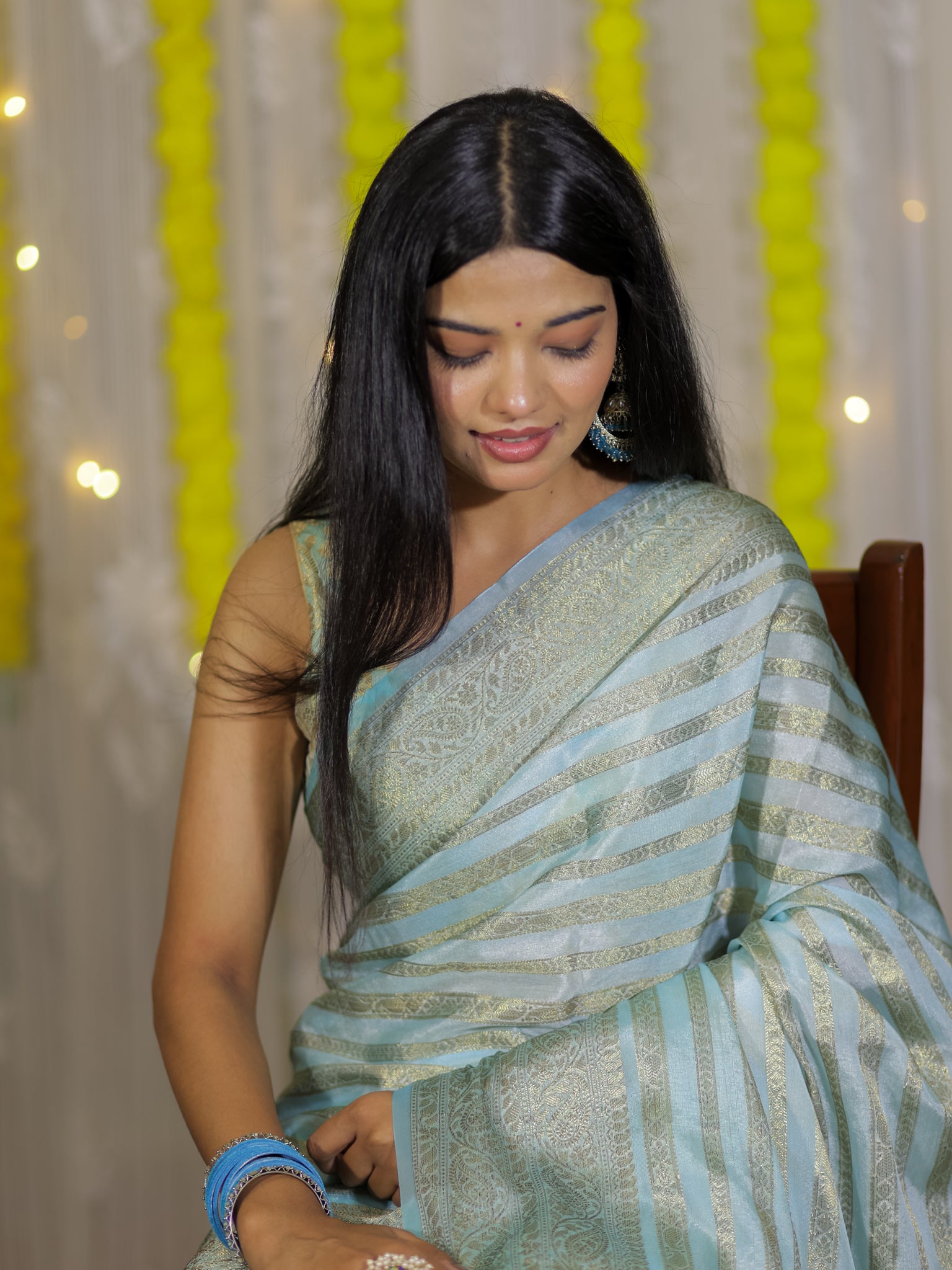 Banarasi Semi Cotton Saree Antique Weaving & Border- Blue