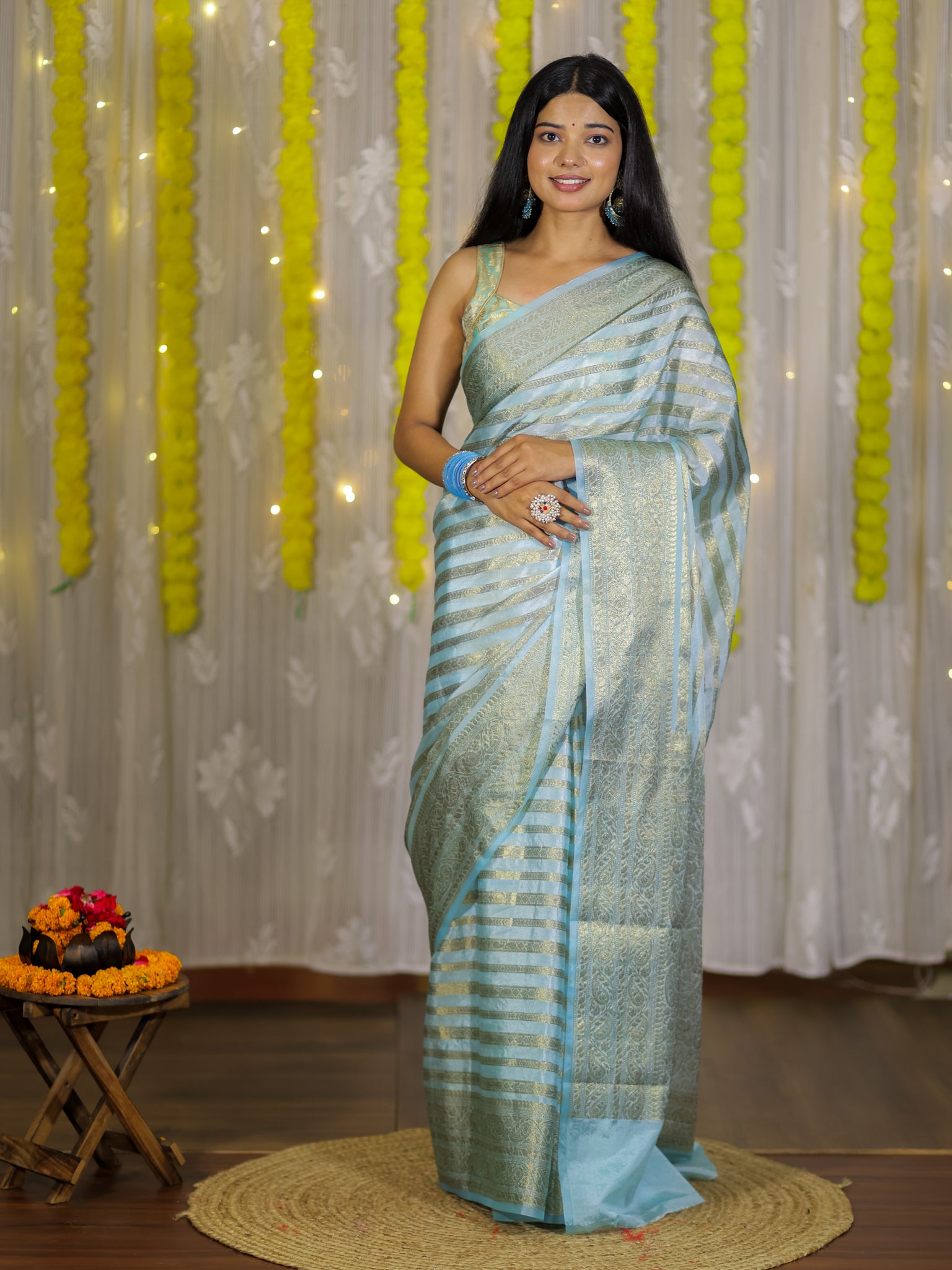 Banarasi Semi Cotton Saree Antique Weaving & Border- Blue