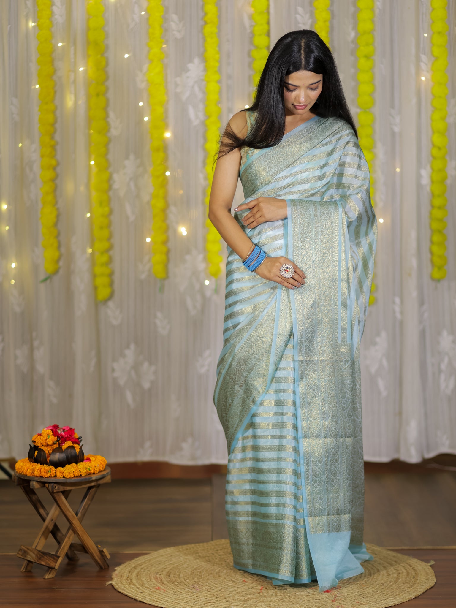 Banarasi Semi Cotton Saree Antique Weaving & Border- Blue