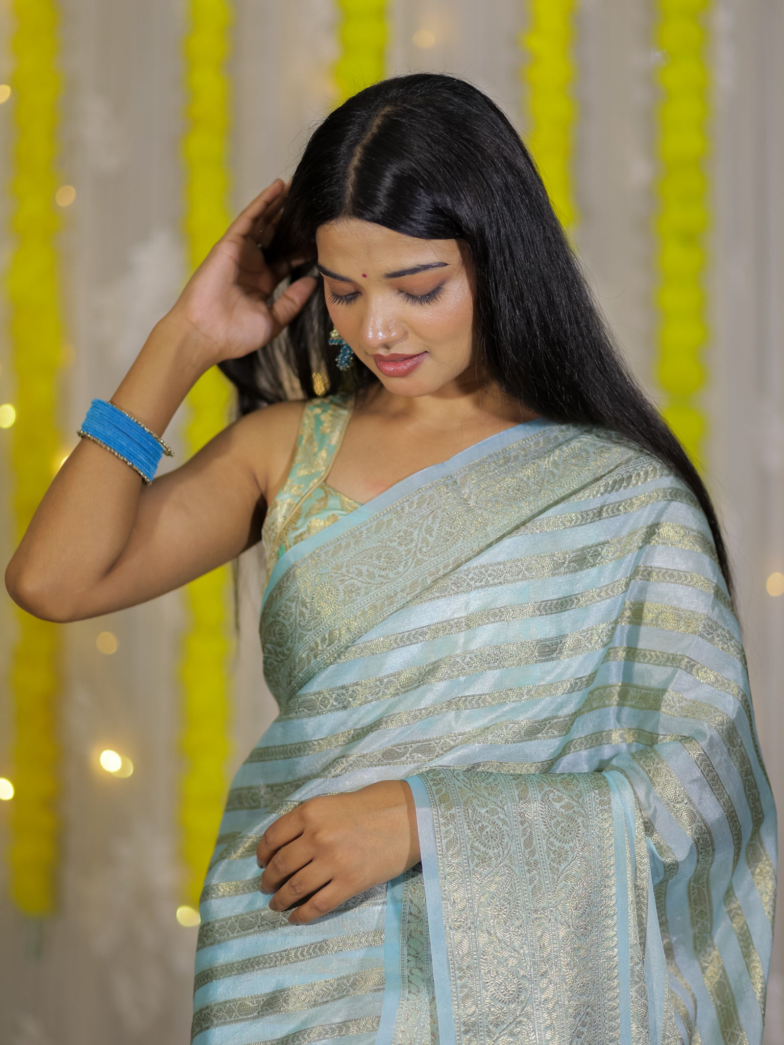 Banarasi Semi Cotton Saree Antique Weaving & Border- Blue