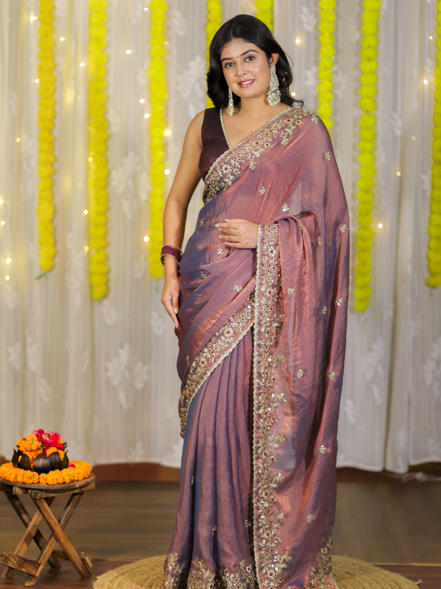 Tissue Embroidered Cocktail Saree- Blue