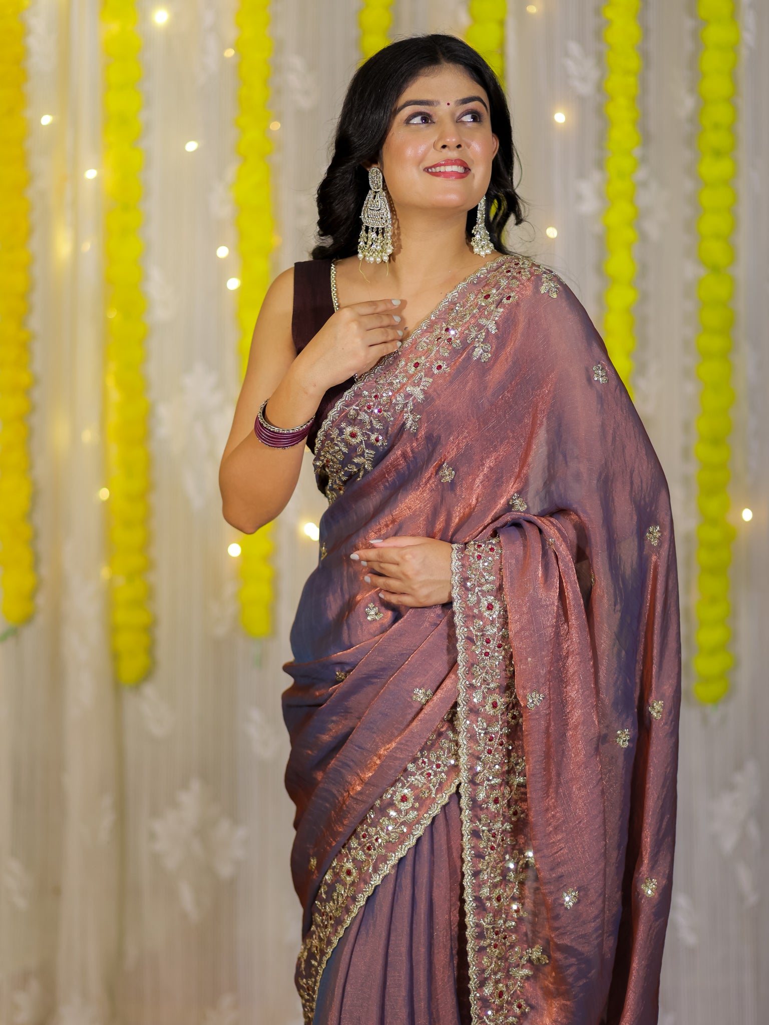 Tissue Embroidered Cocktail Saree- Blue