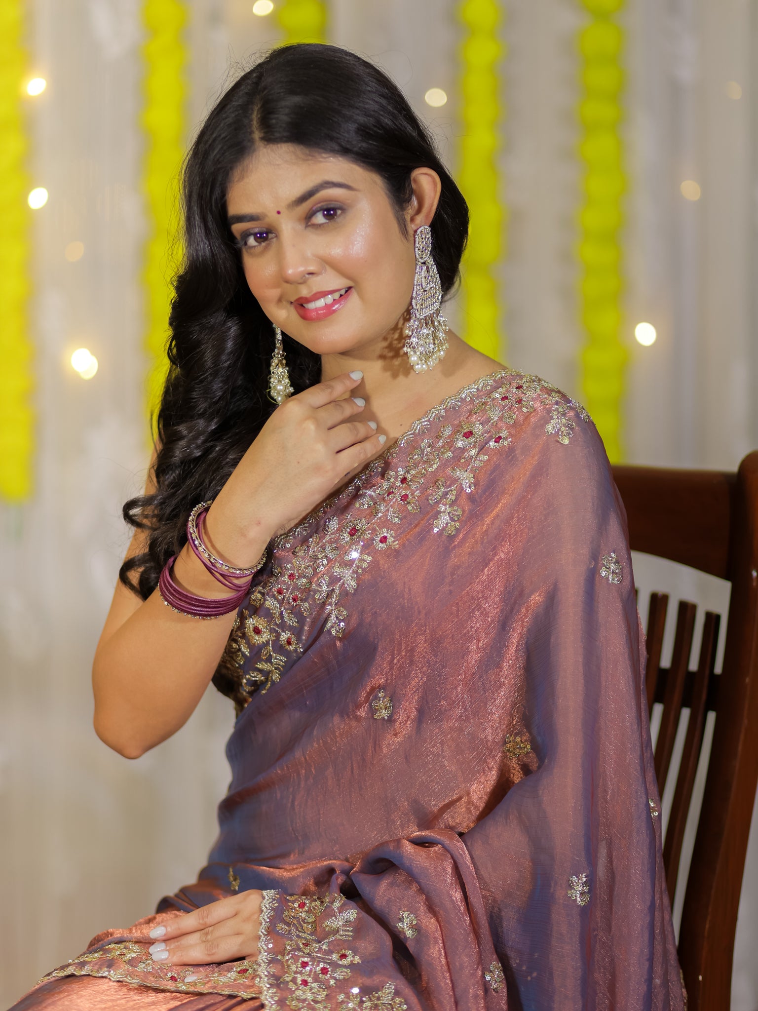 Tissue Embroidered Cocktail Saree- Blue