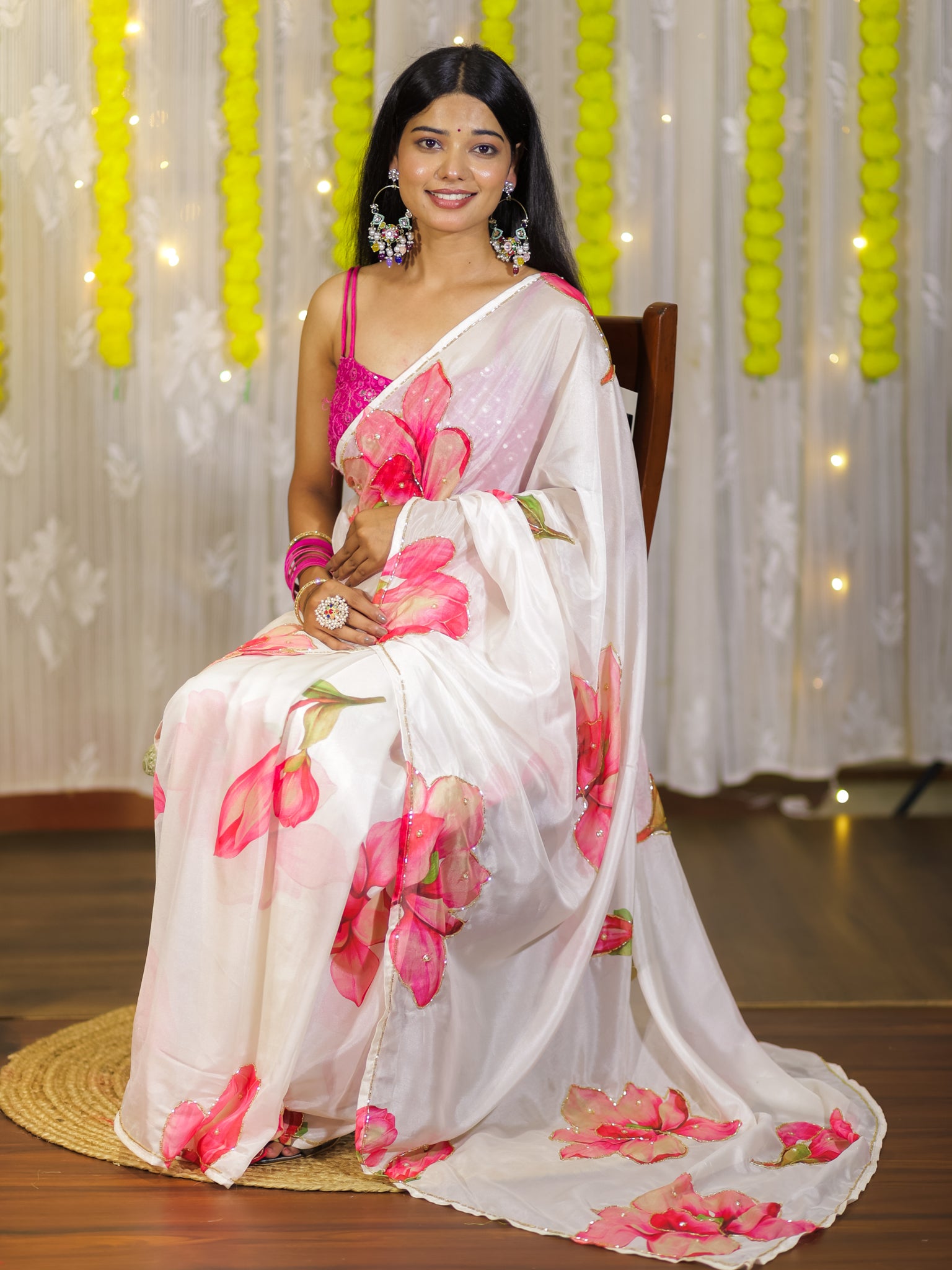 Semi Satin Floral Saree - White