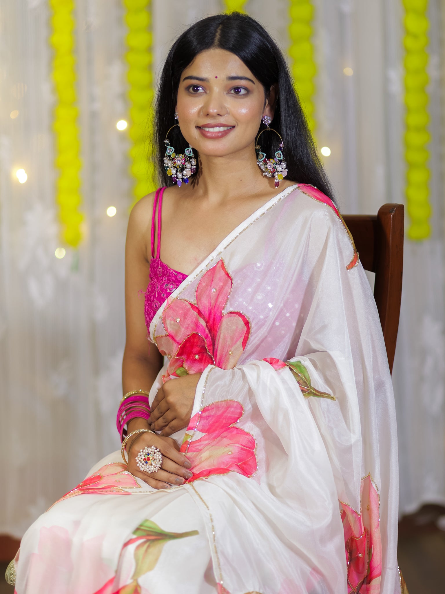 Semi Satin Floral Saree - White