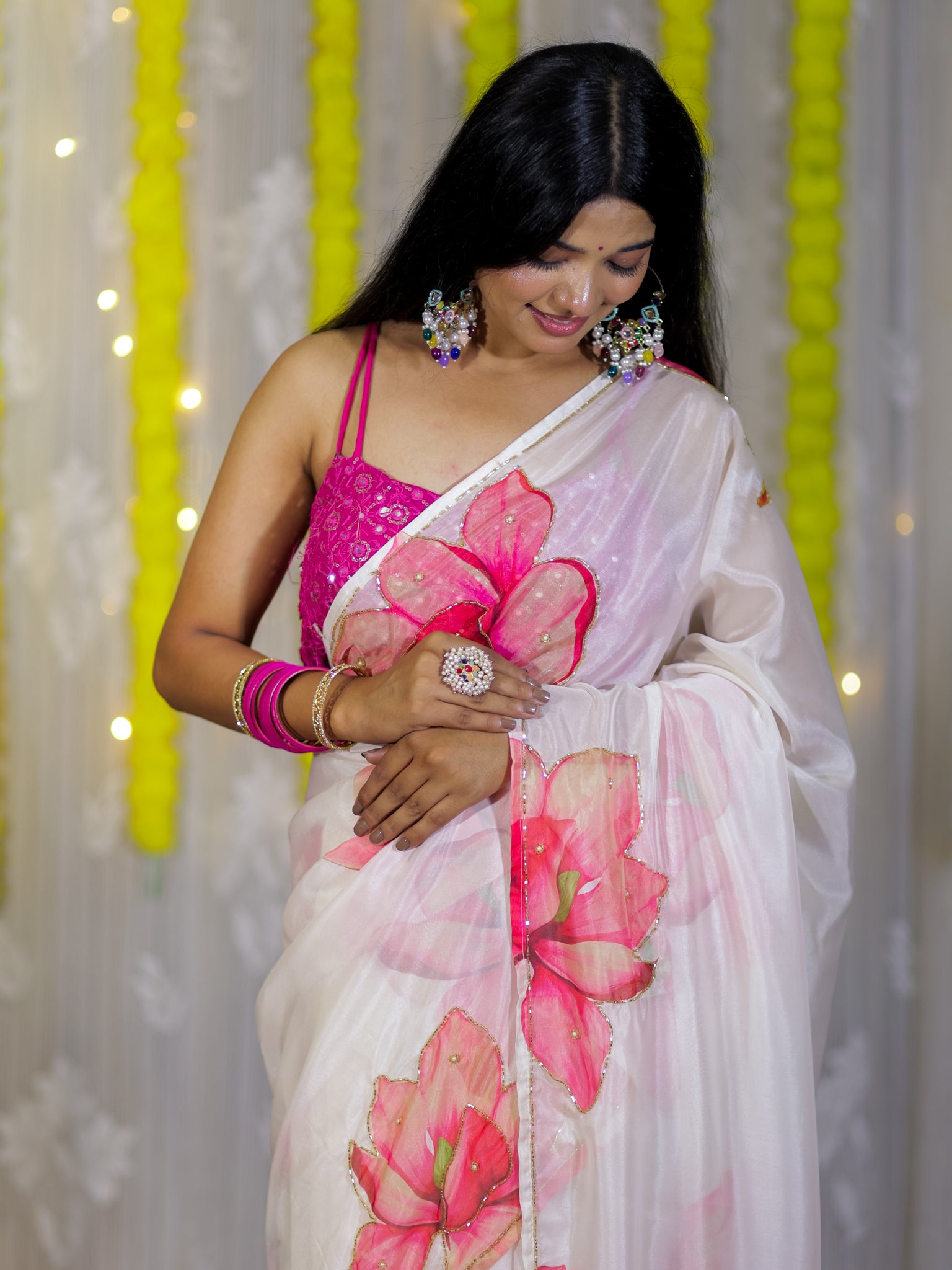 Semi Satin Floral Saree - White