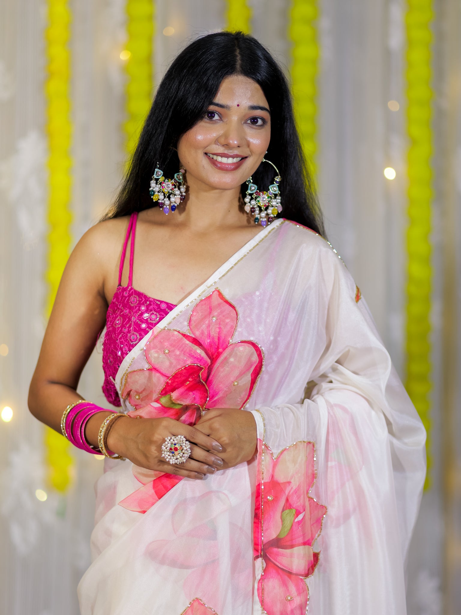 Semi Satin Floral Saree - White
