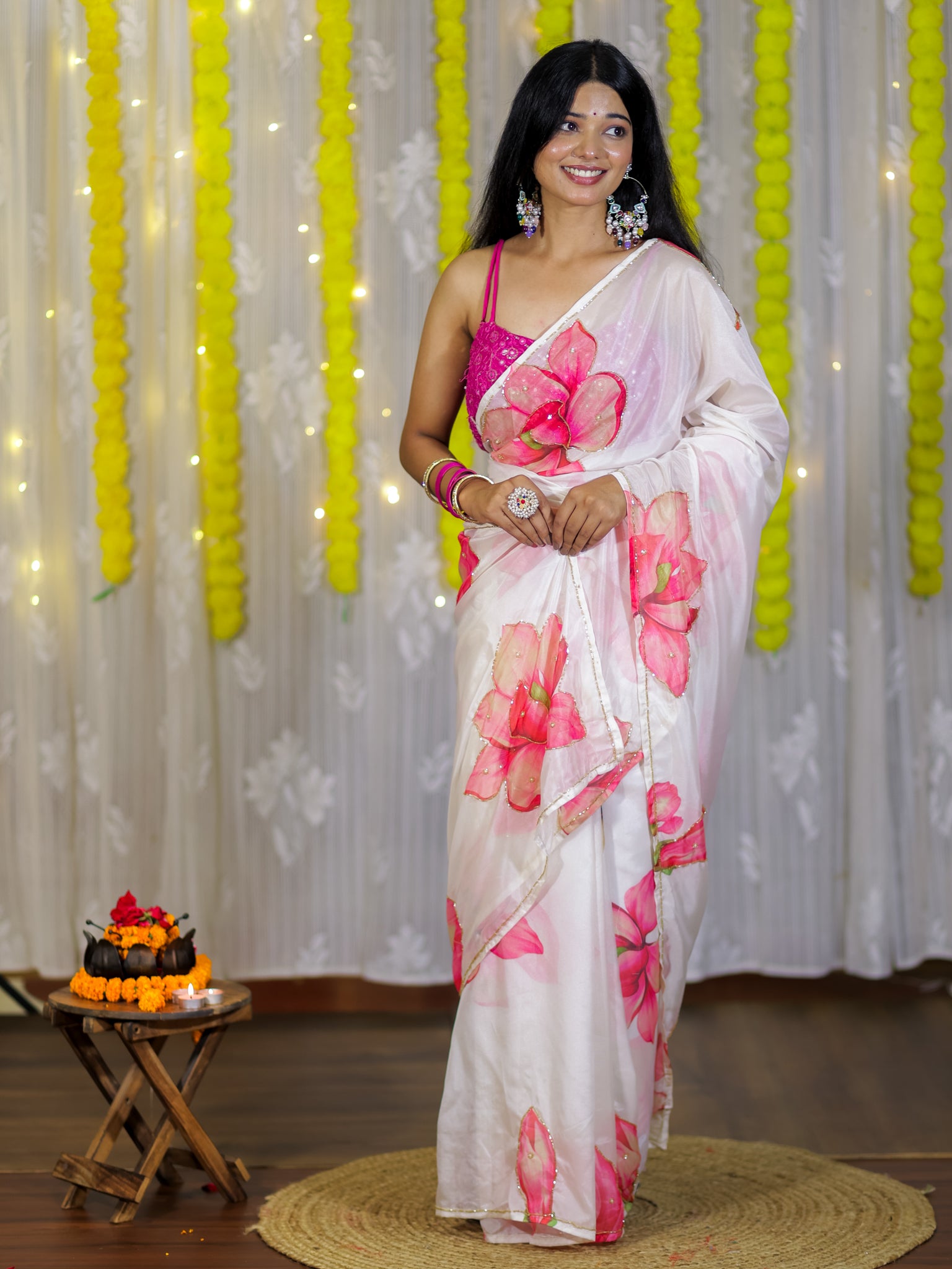Semi Satin Floral Saree - White