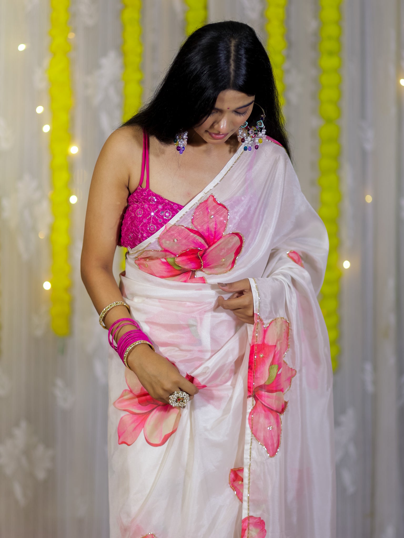 Semi Satin Floral Saree - White
