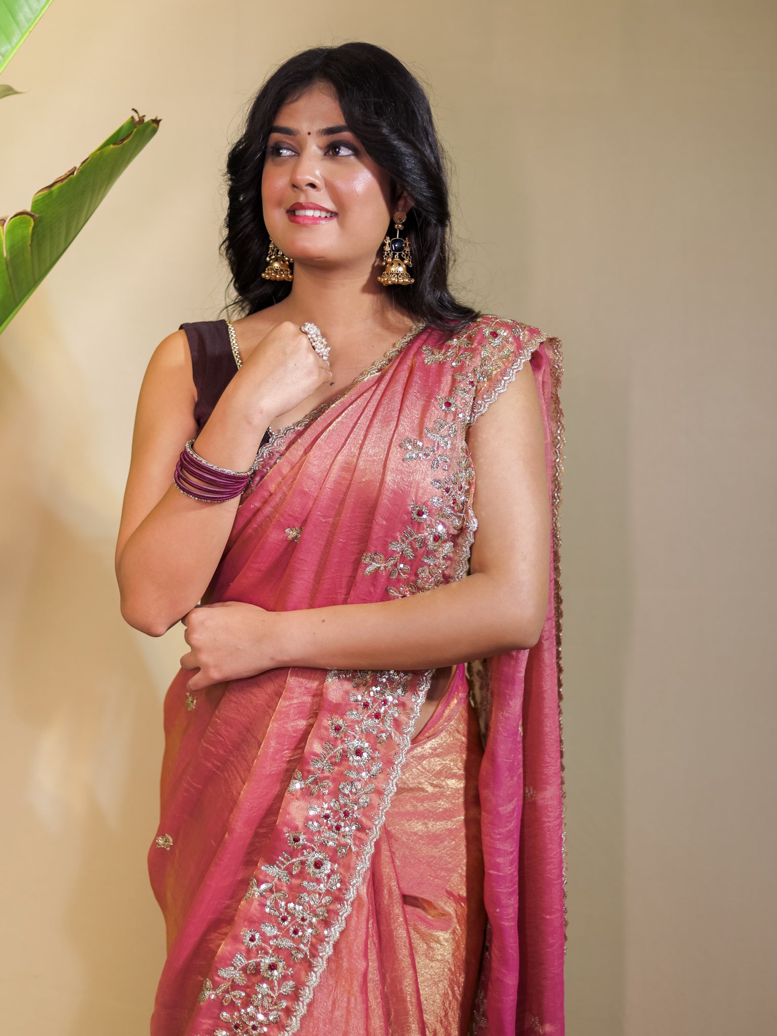 Tissue Embroidered Cocktail Saree- Pink