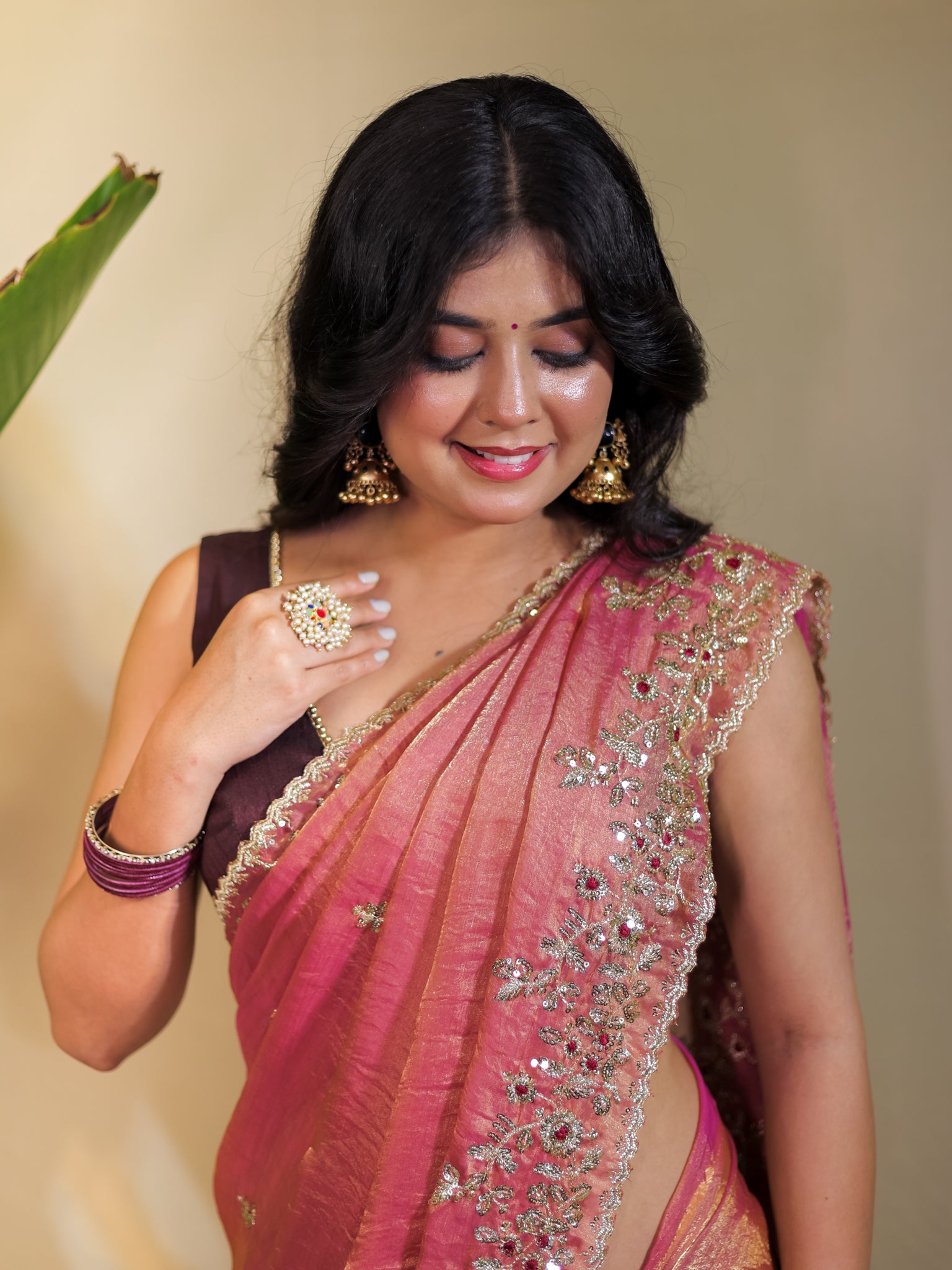 Tissue Embroidered Cocktail Saree- Pink