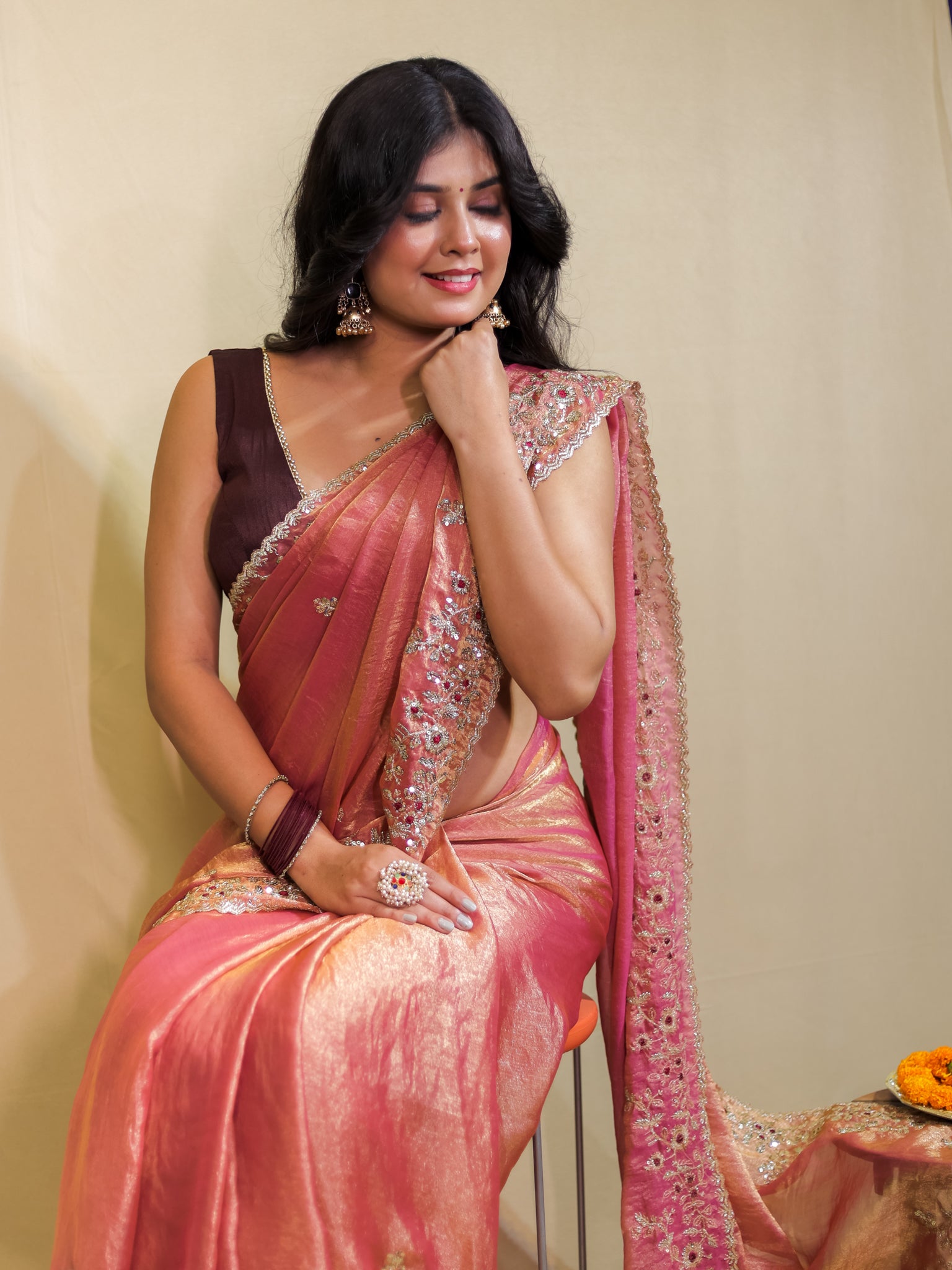 Tissue Embroidered Cocktail Saree- Pink