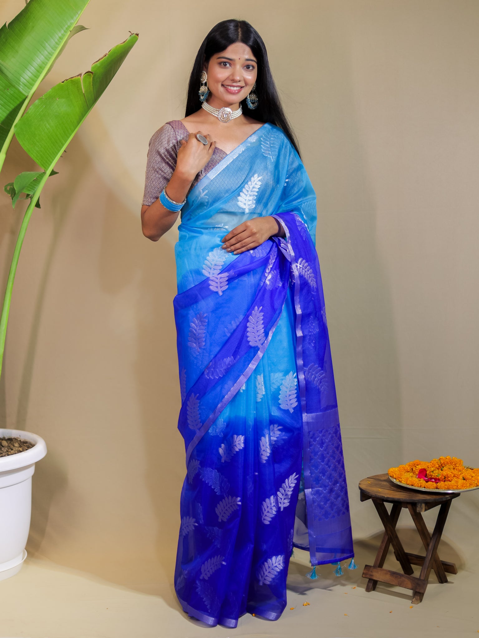 Banarasi Organza Dual Shade Saree With Zari Border- Blue & White