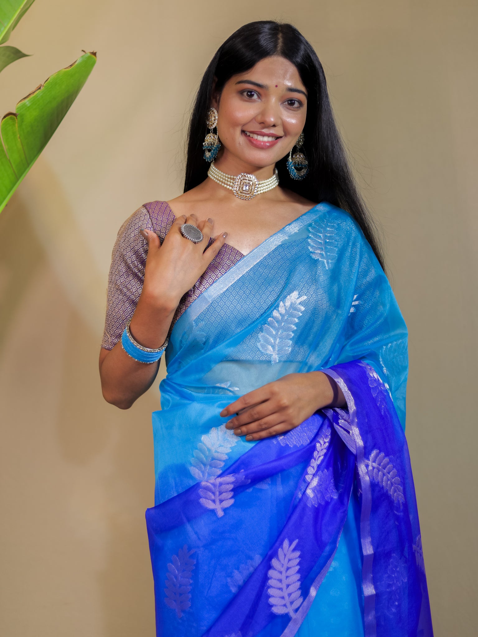 Banarasi Organza Dual Shade Saree With Zari Border- Blue & White