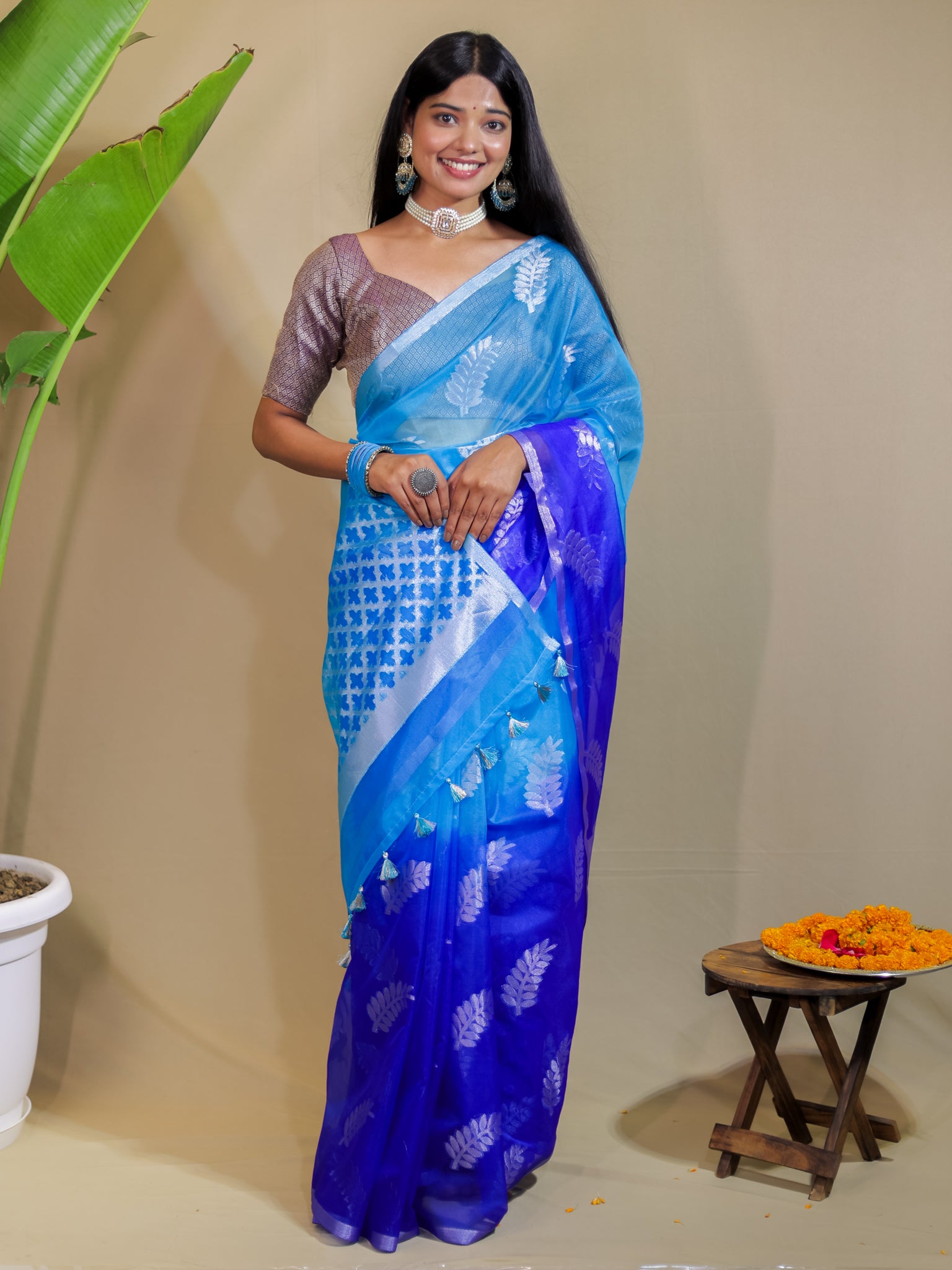 Banarasi Organza Dual Shade Saree With Zari Border- Blue & White