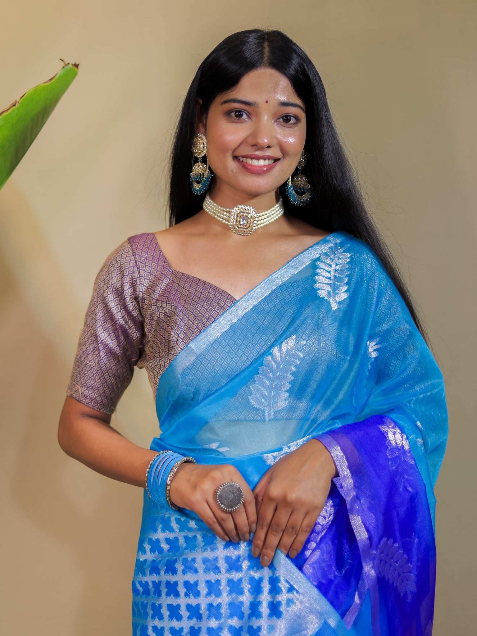 Banarasi Organza Dual Shade Saree With Zari Border- Blue & White