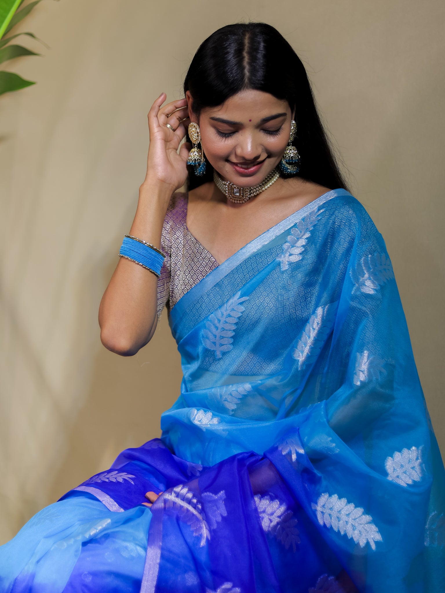 Banarasi Organza Dual Shade Saree With Zari Border- Blue & White