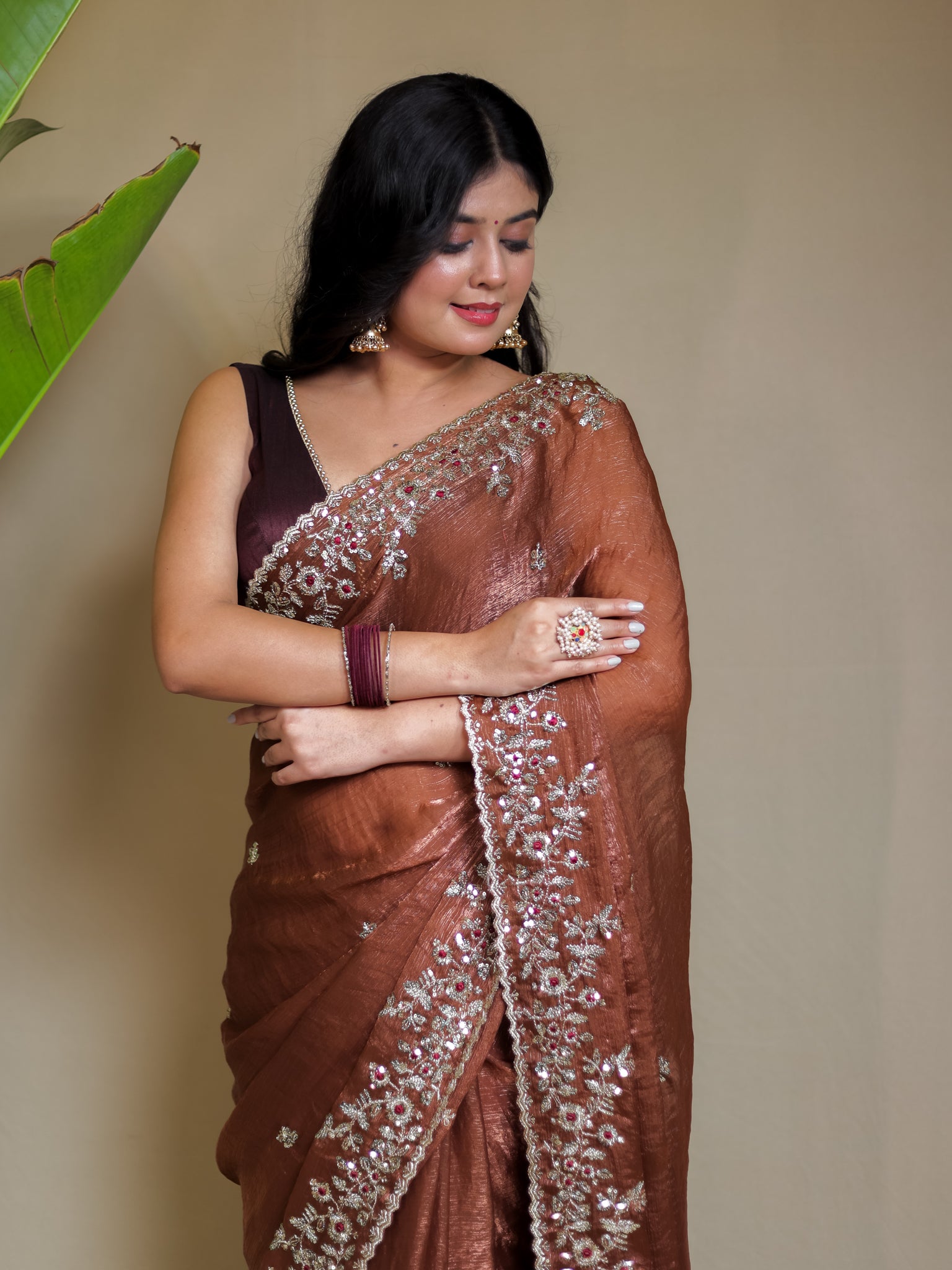 Tissue Embroidered Cocktail Saree- Brown