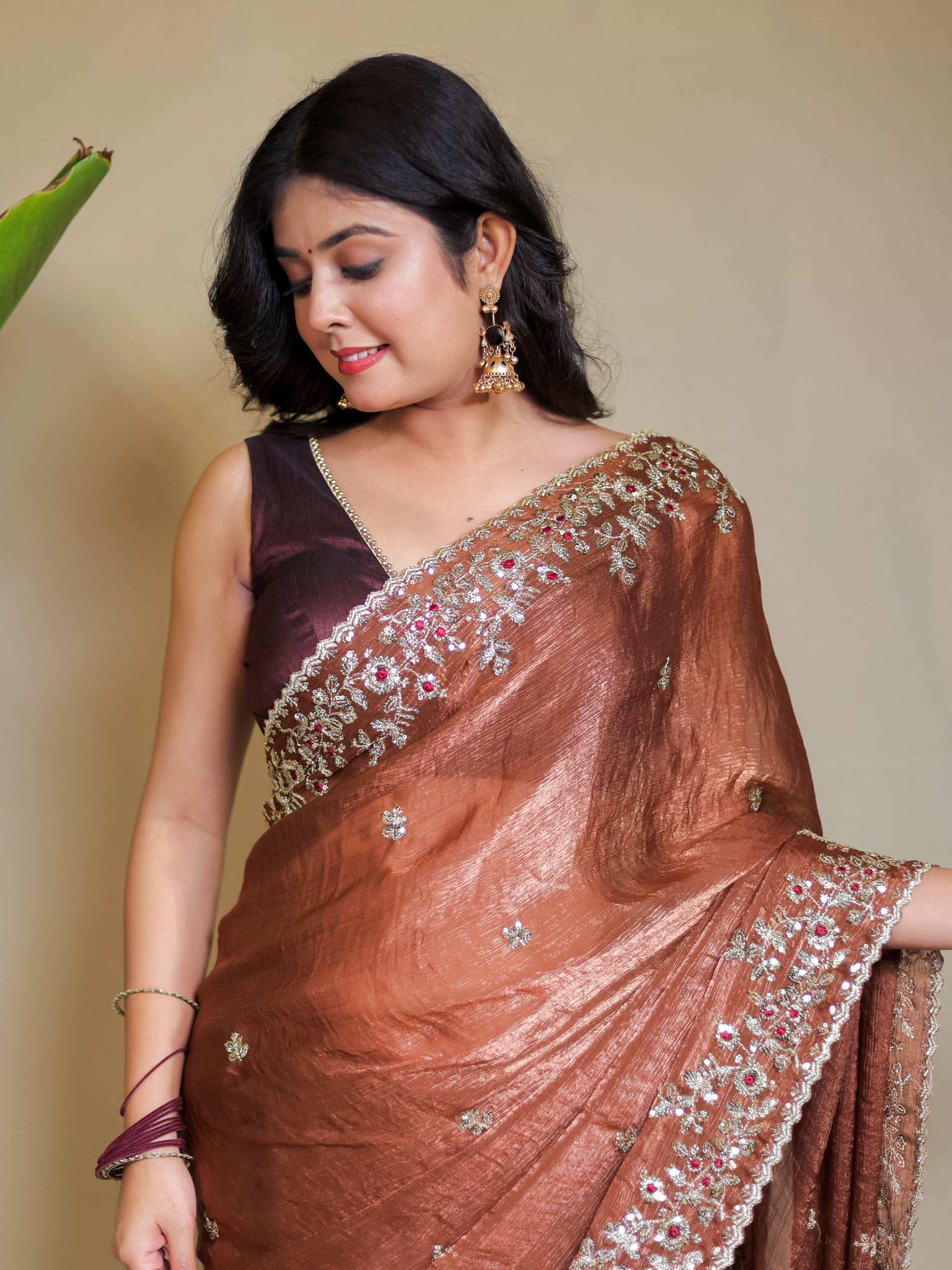 Tissue Embroidered Cocktail Saree- Brown