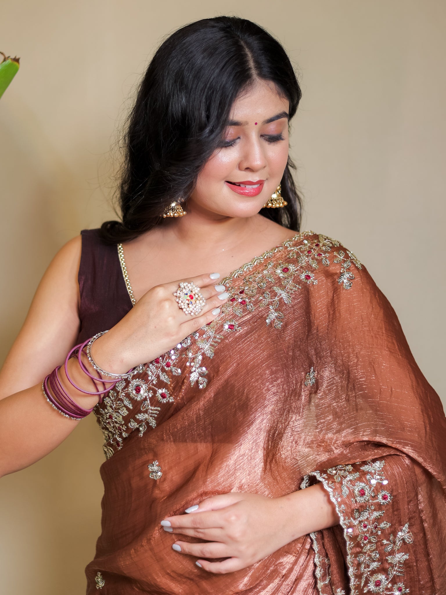 Tissue Embroidered Cocktail Saree- Brown