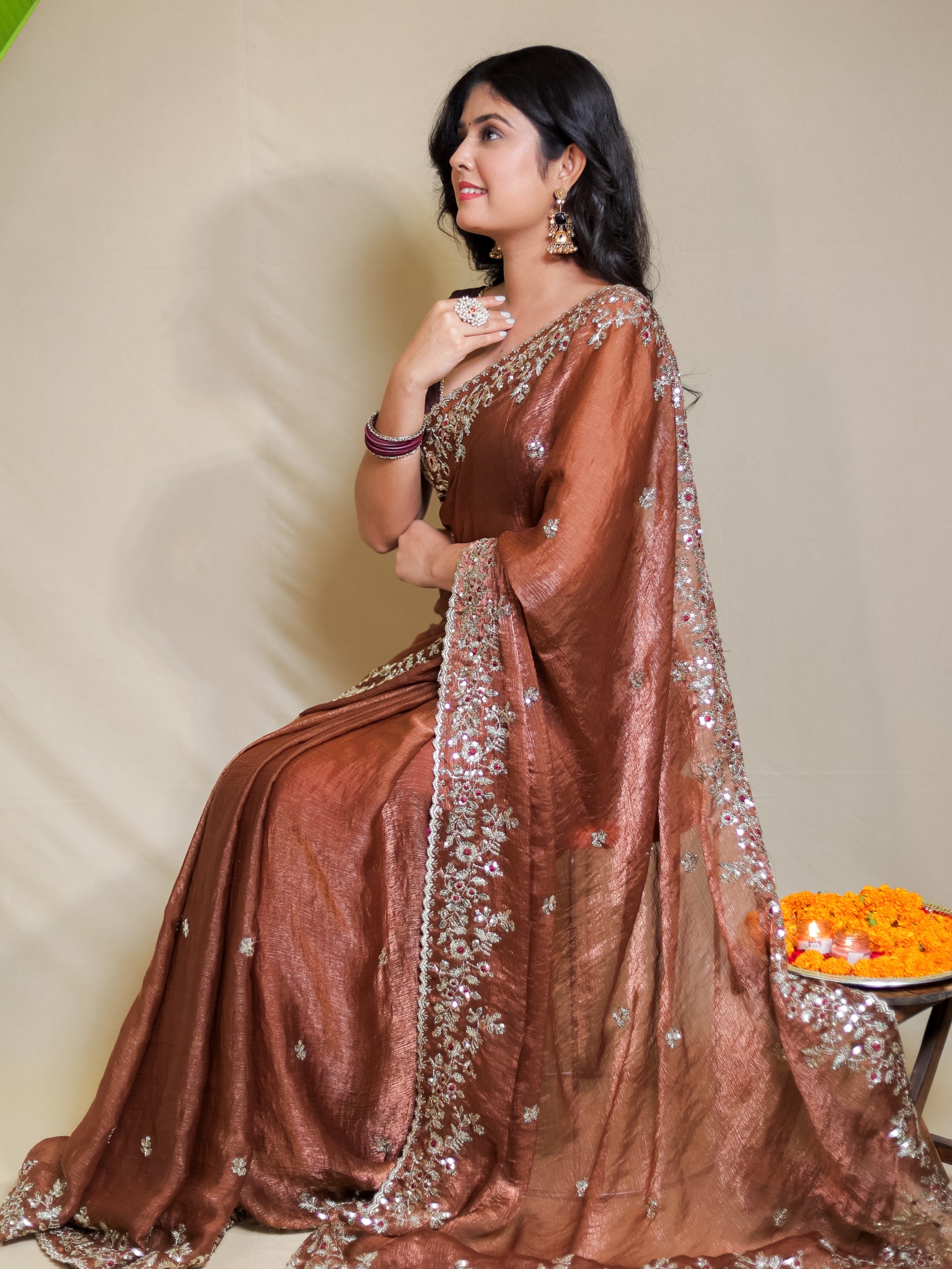 Tissue Embroidered Cocktail Saree- Brown