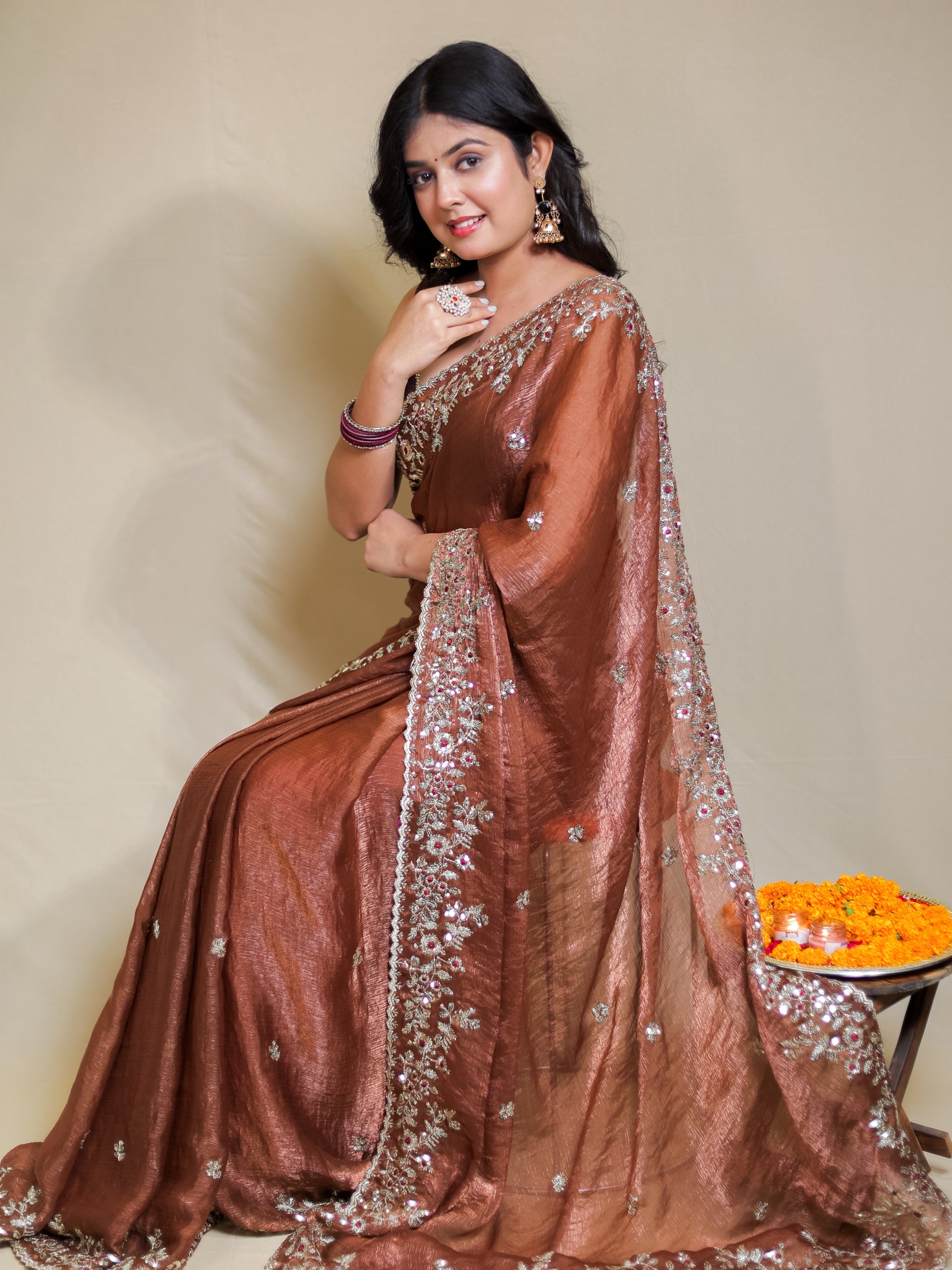 Tissue Embroidered Cocktail Saree- Brown