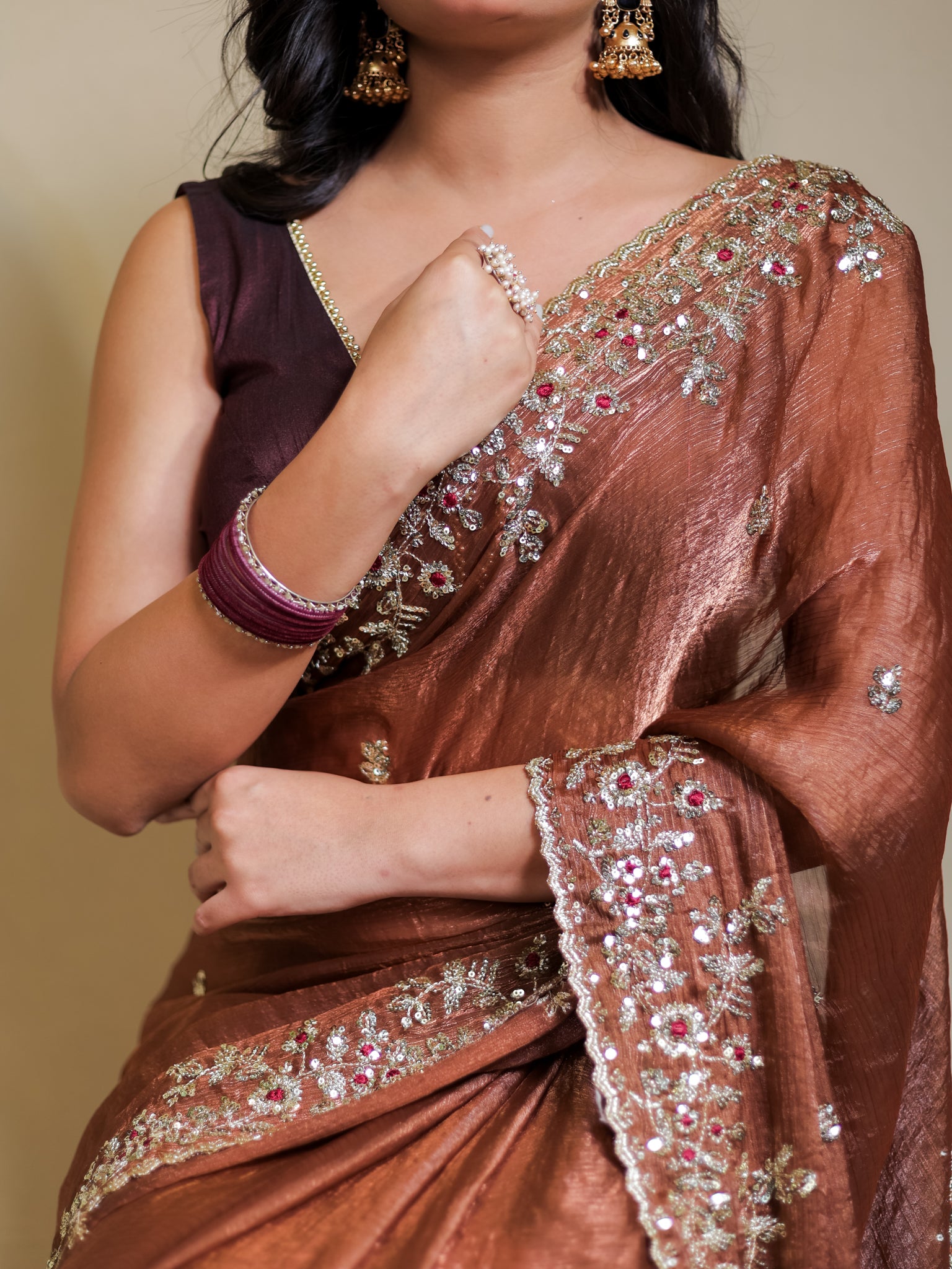 Tissue Embroidered Cocktail Saree- Brown
