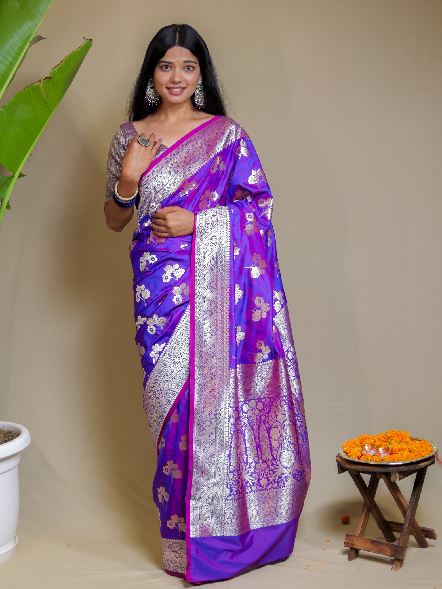 Banarasi Art Katan Silk Saree With Zari Buta Weaving & Tanchoi Weaving- Violet