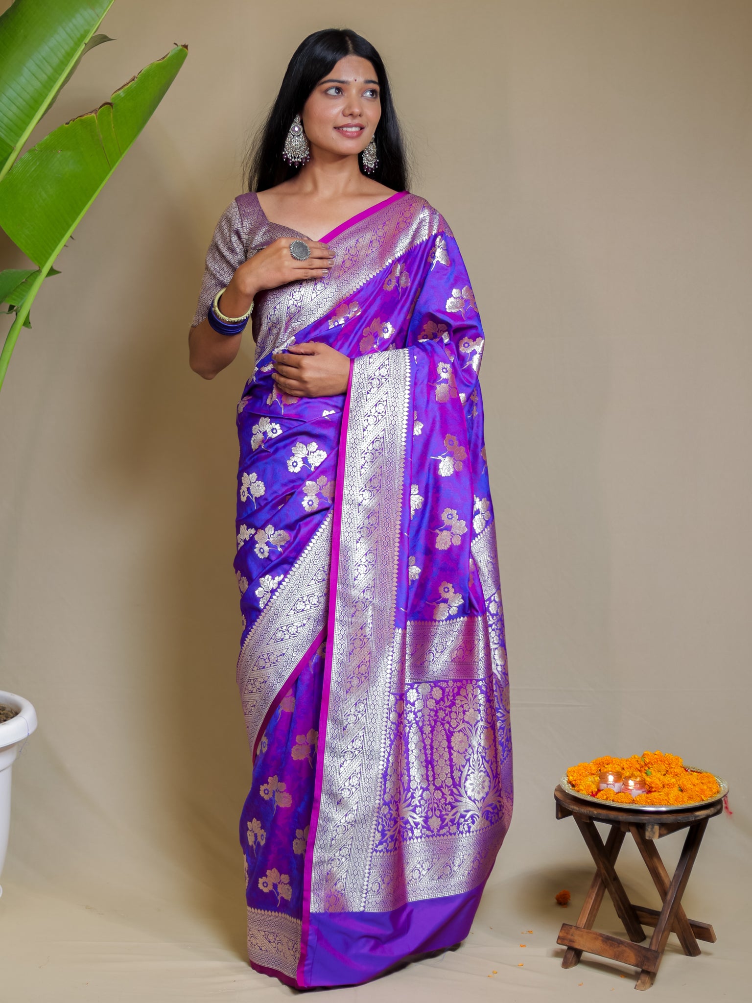 Banarasi Art Katan Silk Saree With Zari Buta Weaving & Tanchoi Weaving- Violet