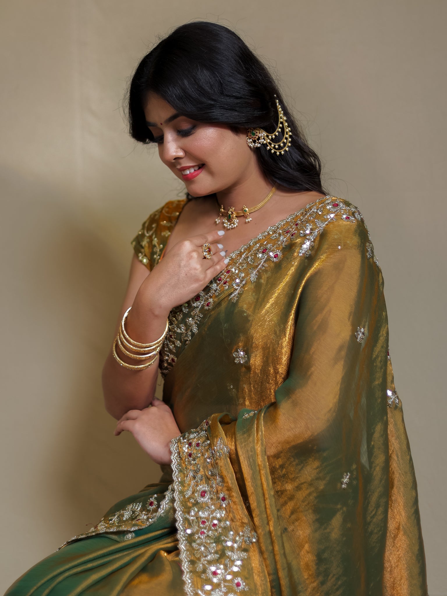 Tissue Embroidered Cocktail Saree- Olive Green