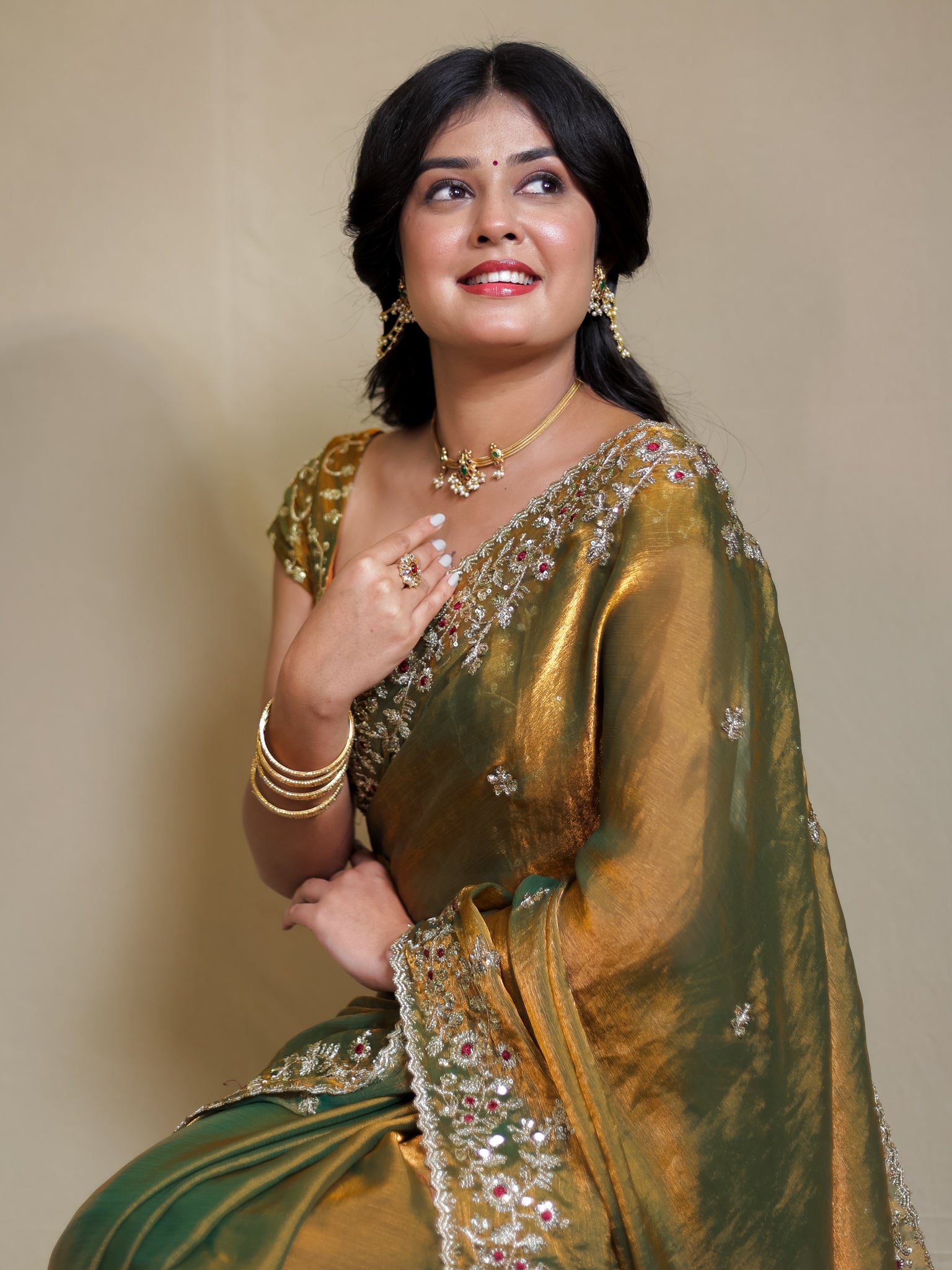 Tissue Embroidered Cocktail Saree- Olive Green